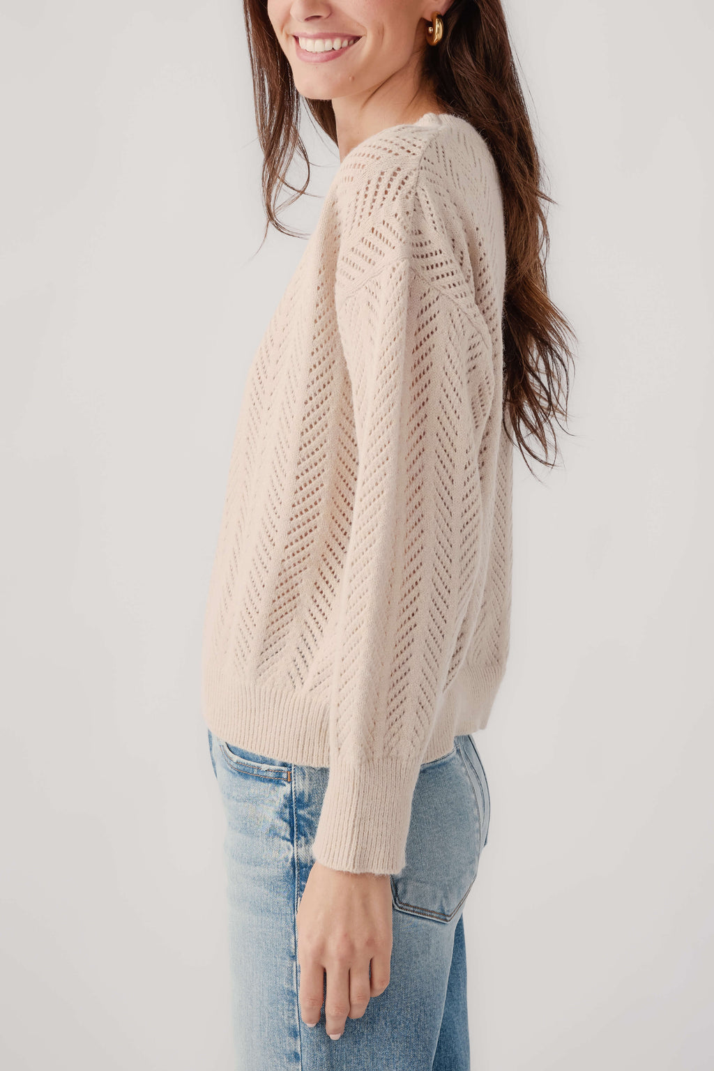 Oyster chevron knit crewneck sweater, long sleeves, textured chevron stitch pattern