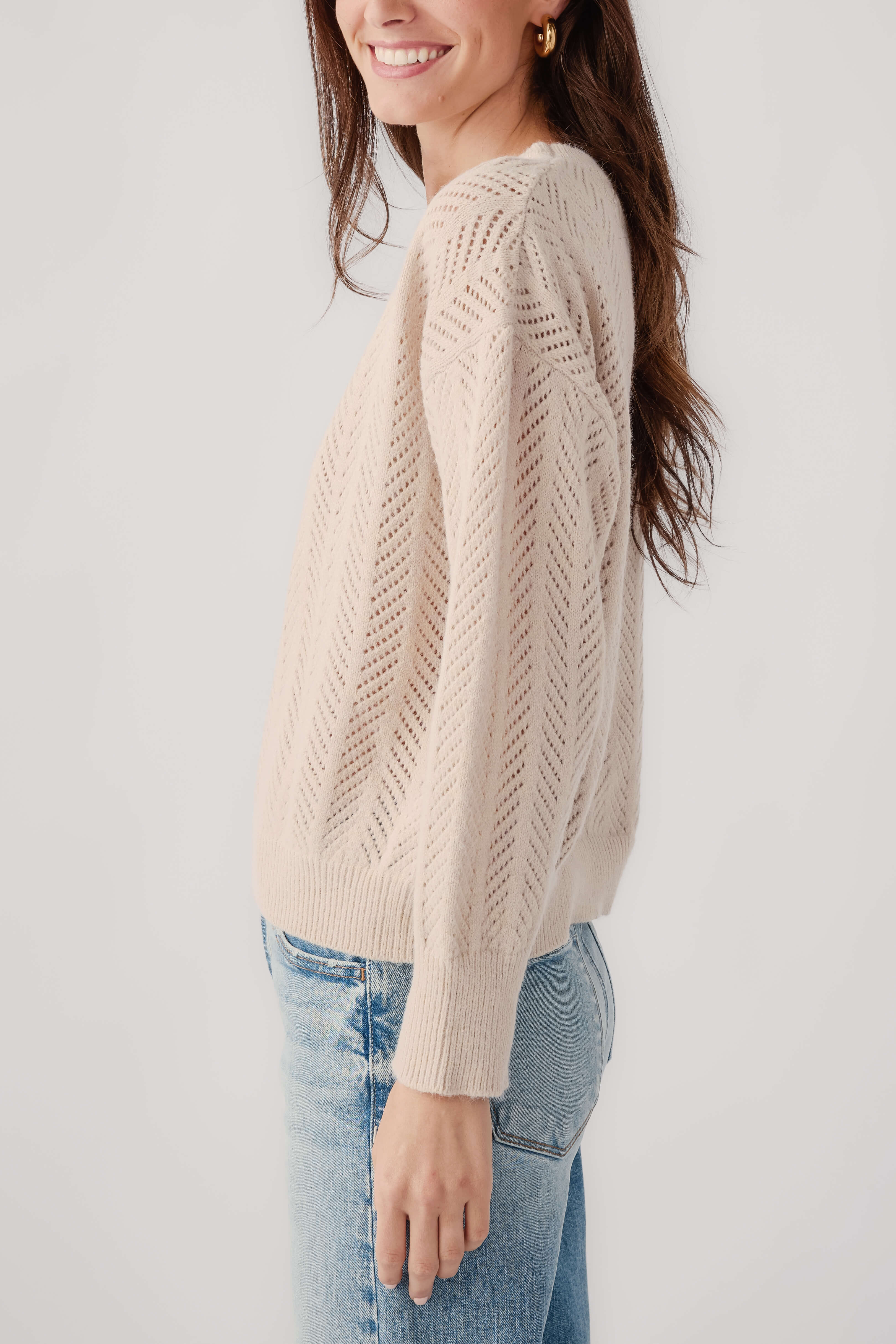 Oyster chevron knit crewneck sweater, long sleeves, textured chevron stitch pattern