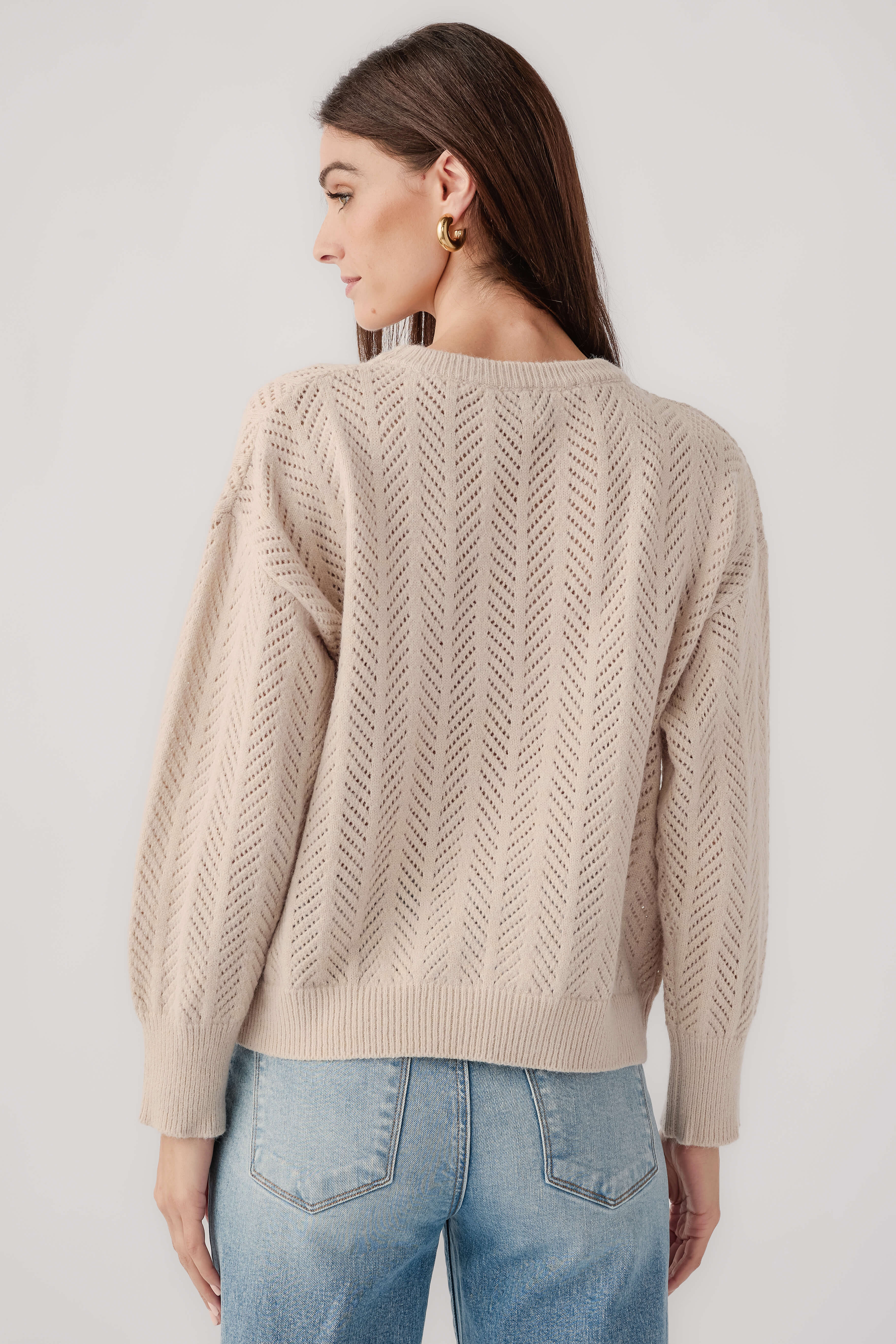 Oyster chevron knit crewneck sweater, back view with crew neckline and ribbed cuffs
