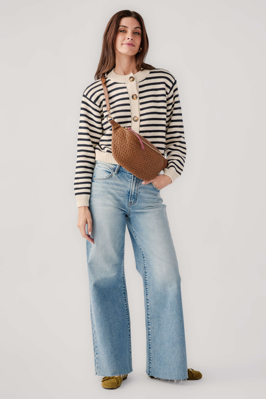 Striped button-front cardigan, black-and-white knit with gold-tone button placket