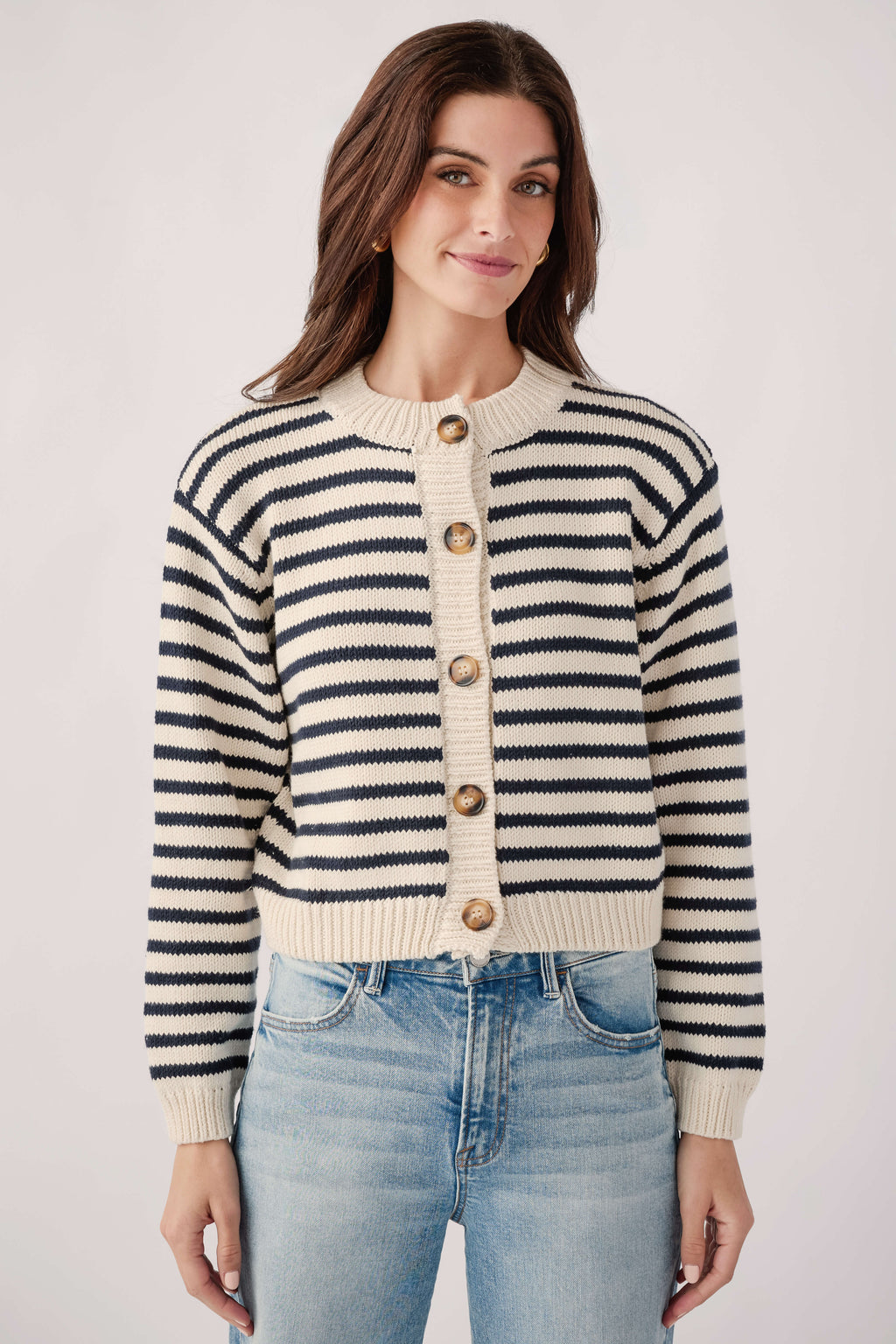 Striped button-front cardigan, black-and-white knit with ribbed cuffs and hem