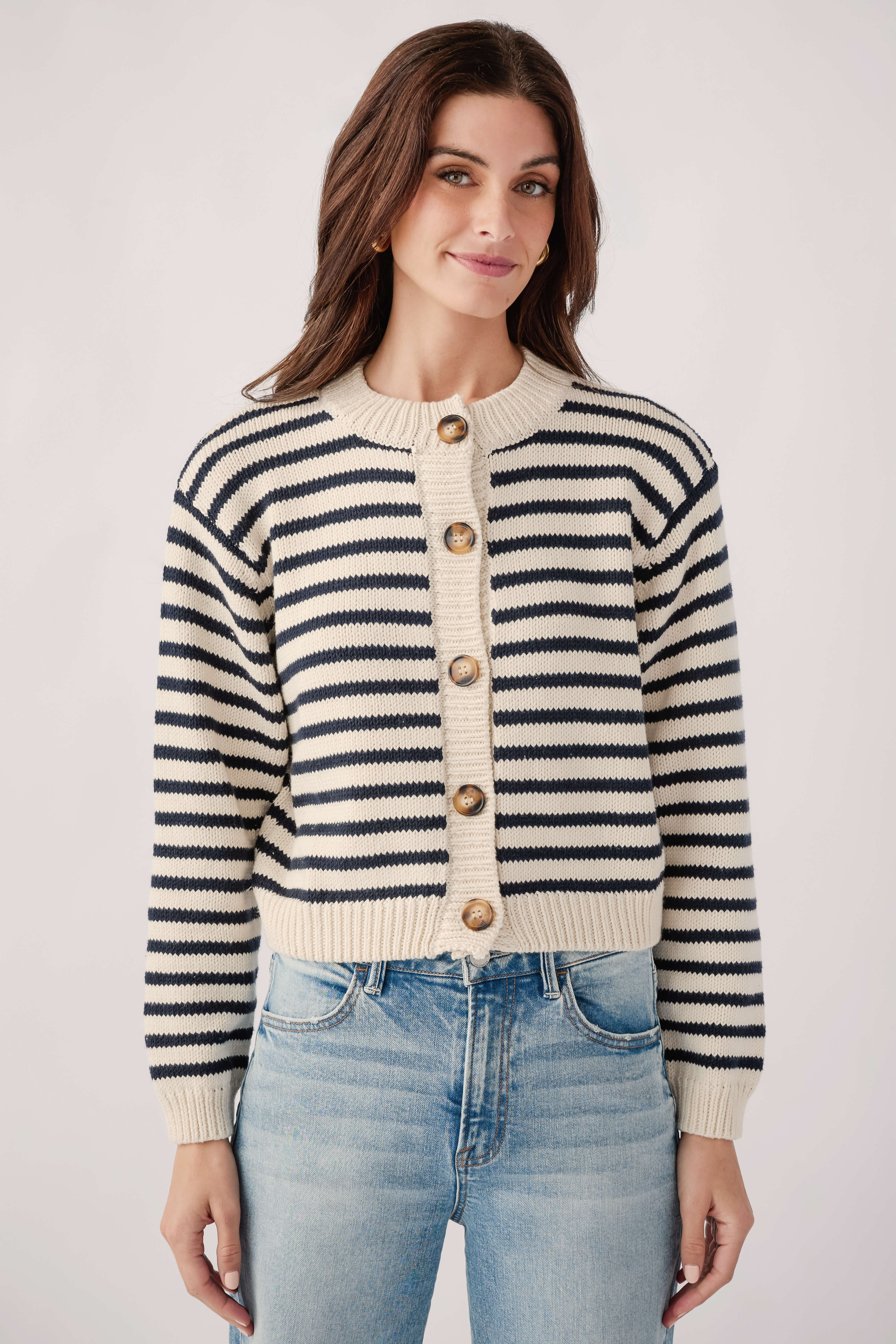 Striped button-front cardigan, black-and-white knit with ribbed cuffs and hem