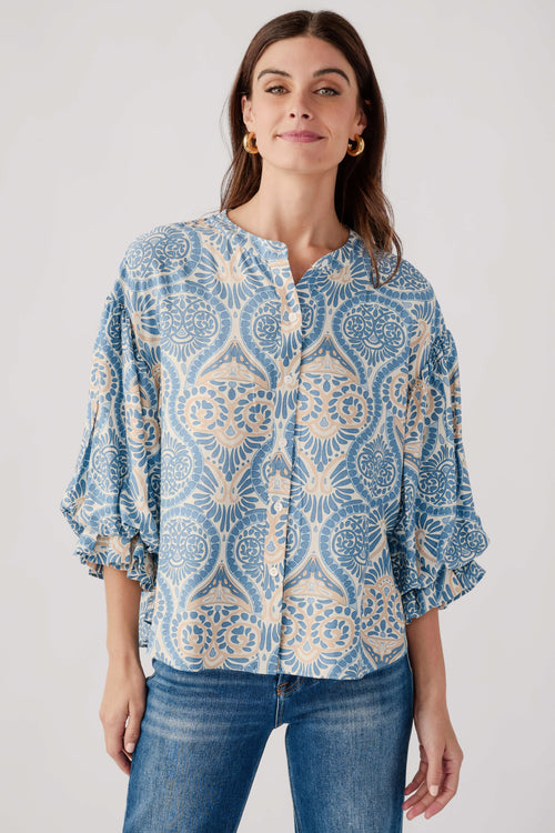 Blue damask print balloon-sleeve button-up top with round neckline, front view