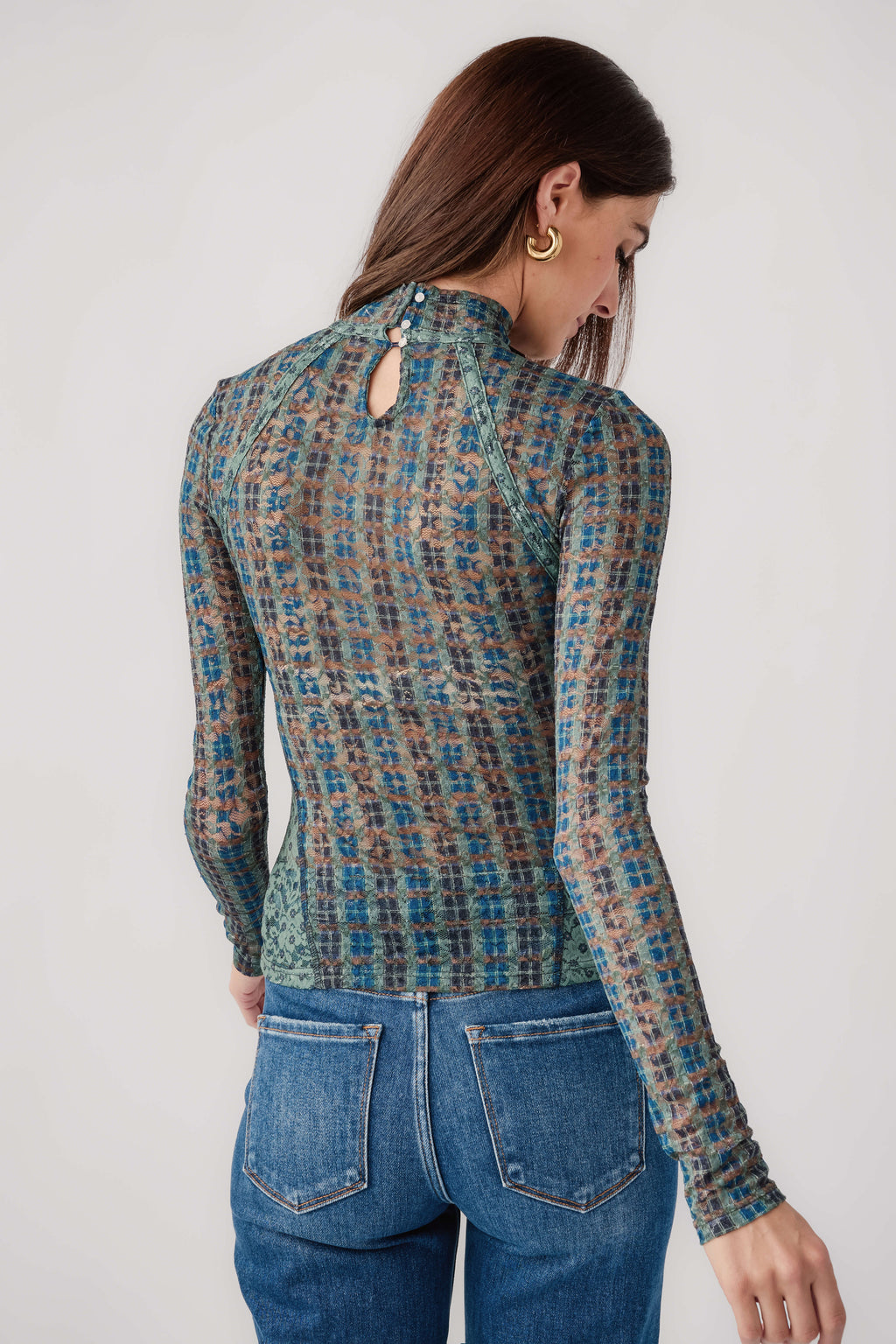 Sheer lace long-sleeve turtleneck top with keyhole back, teal patterned