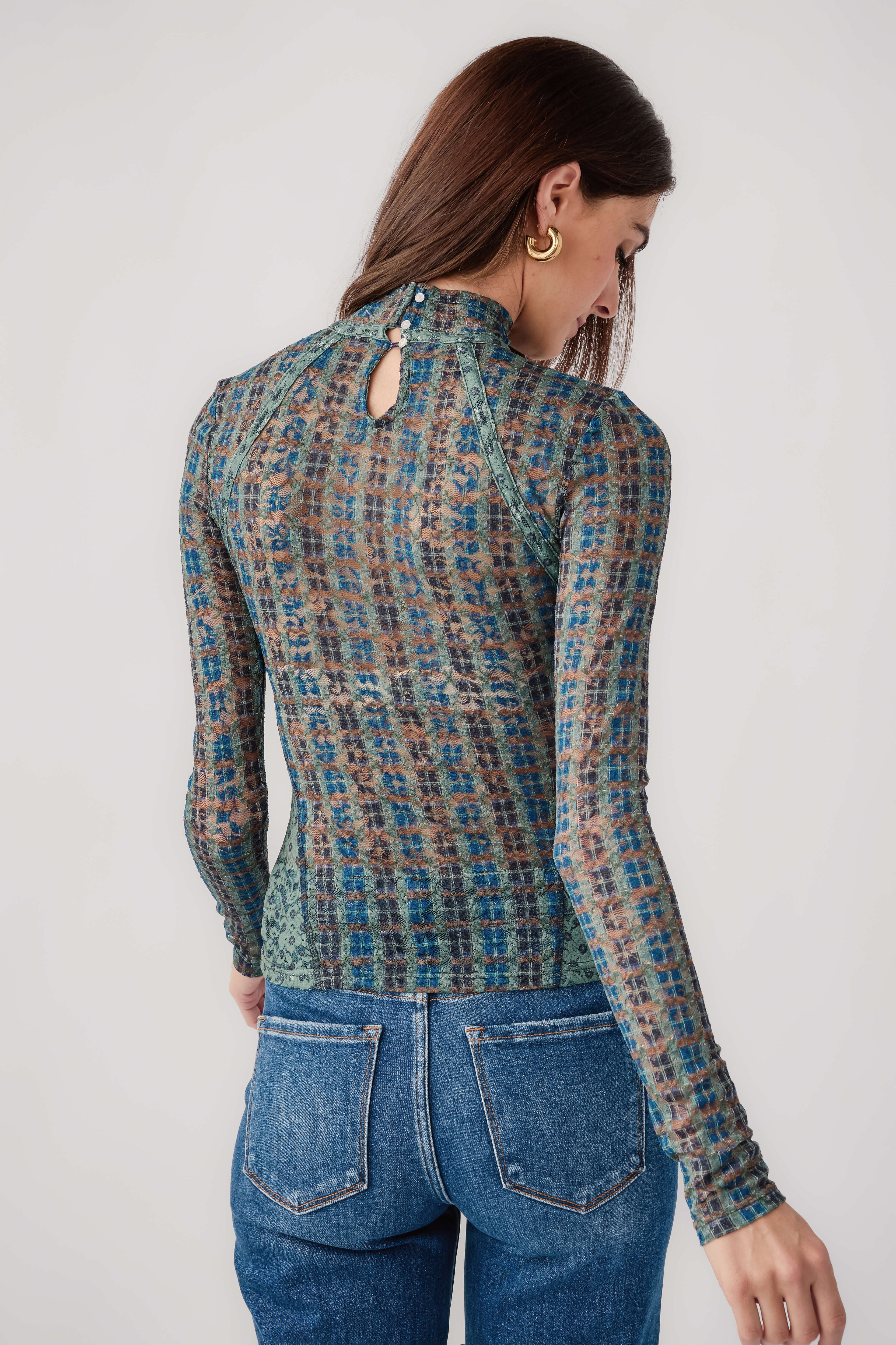 Sheer lace long-sleeve turtleneck top with keyhole back, teal patterned
