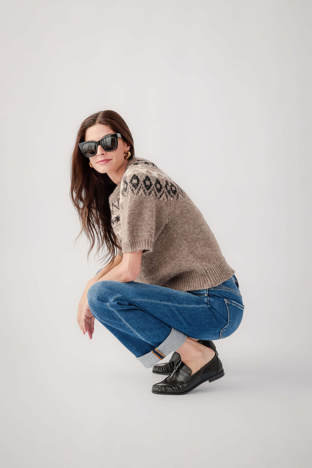 Heather mocha Fair Isle knit sweater top with short sleeves and ribbed hem