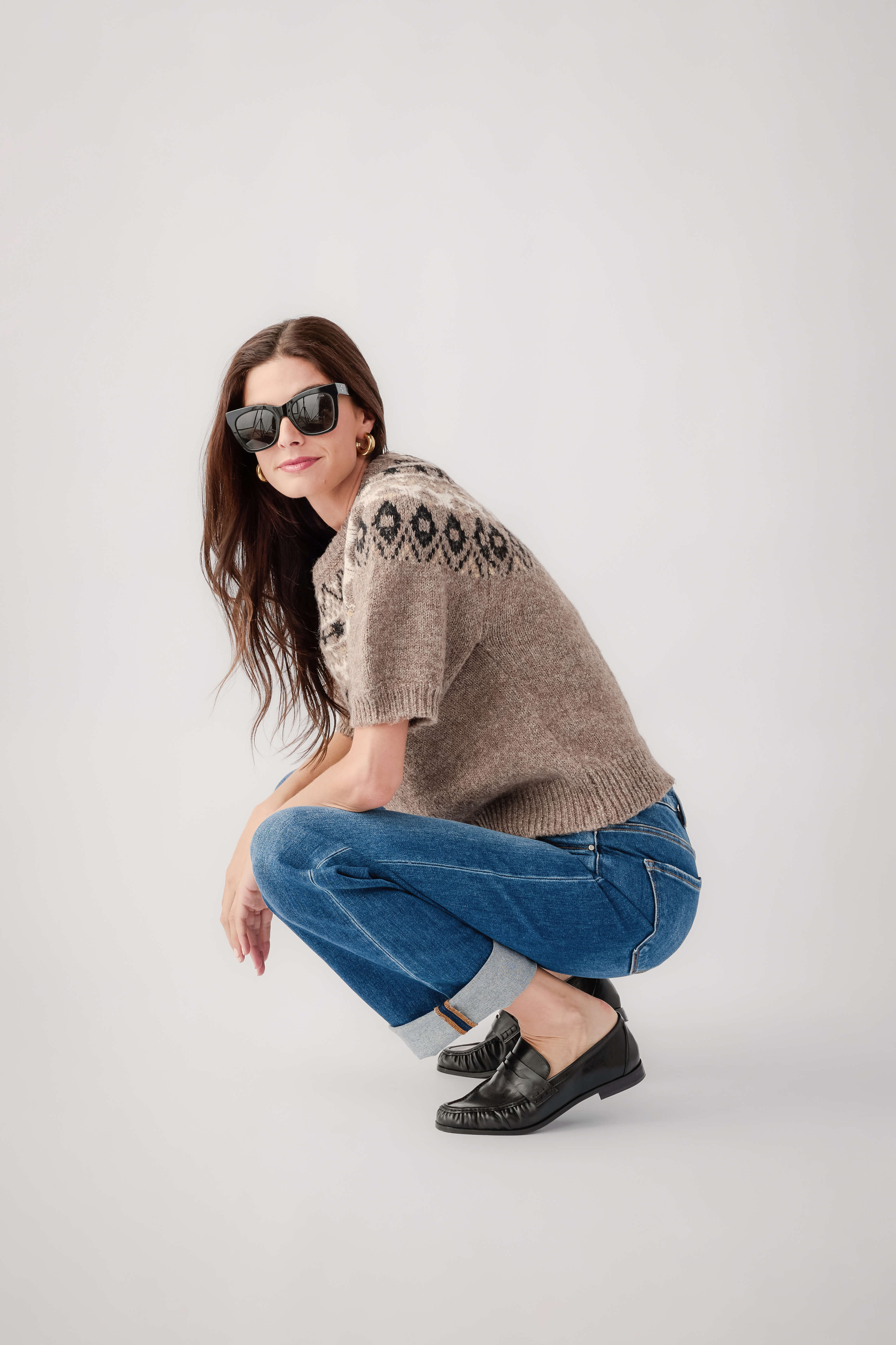 Heather mocha Fair Isle knit sweater top with short sleeves and ribbed hem
