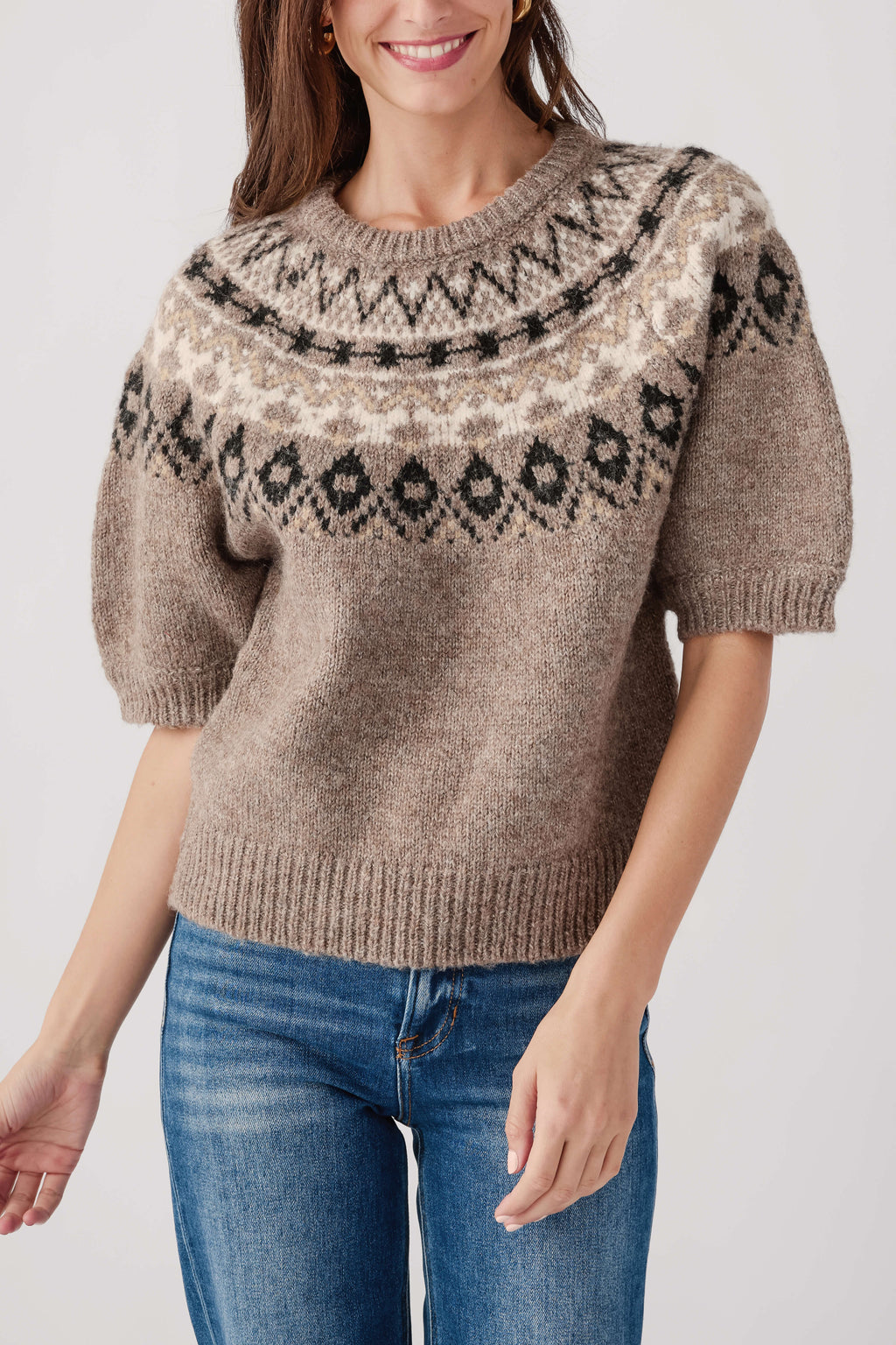 Heather mocha knit sweater top with Fair Isle yoke pattern and short sleeves