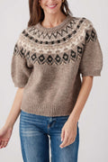 Heather mocha knit sweater top with Fair Isle yoke pattern and short sleeves
