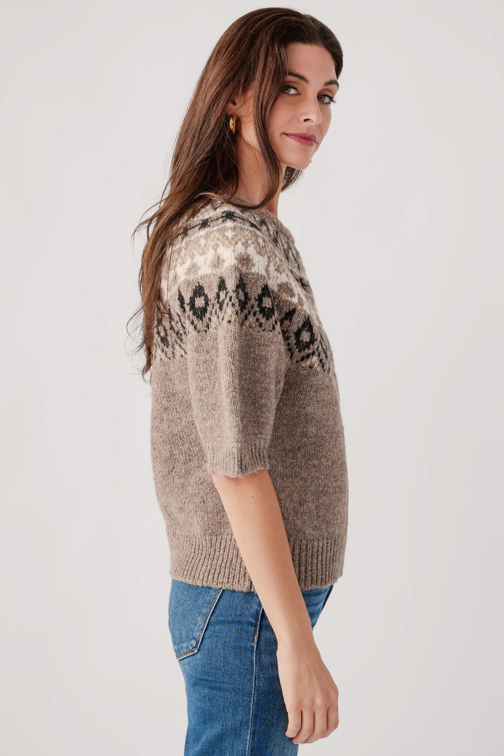 Heather mocha knit sweater top with patterned yoke and short sleeves