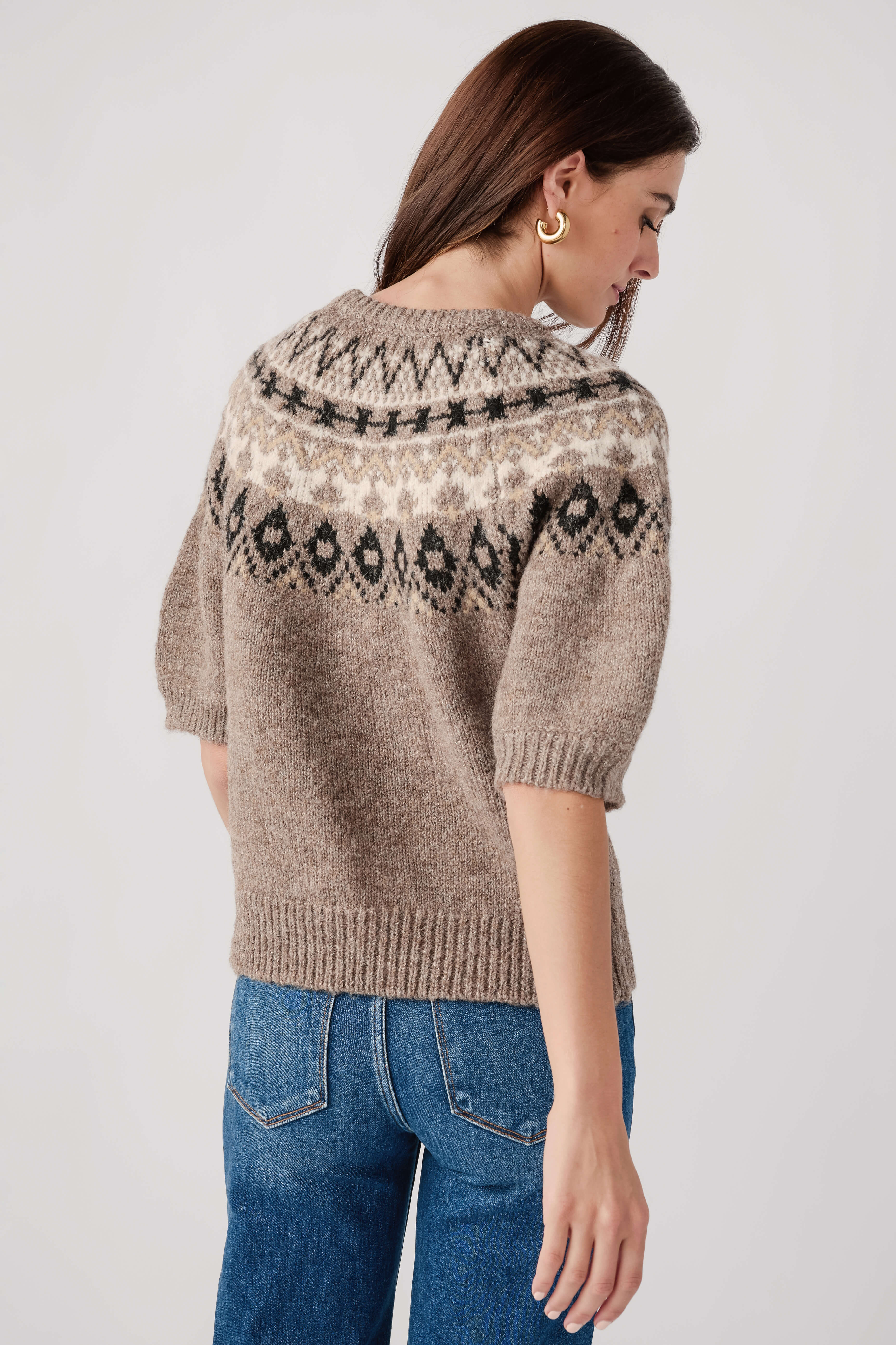 Heather mocha knit sweater top with Fair Isle yoke and short sleeves