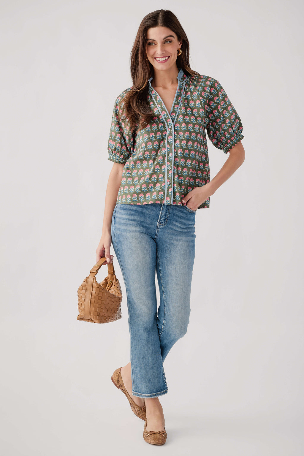 Green block-print V-neck top with button placket, peasant sleeves