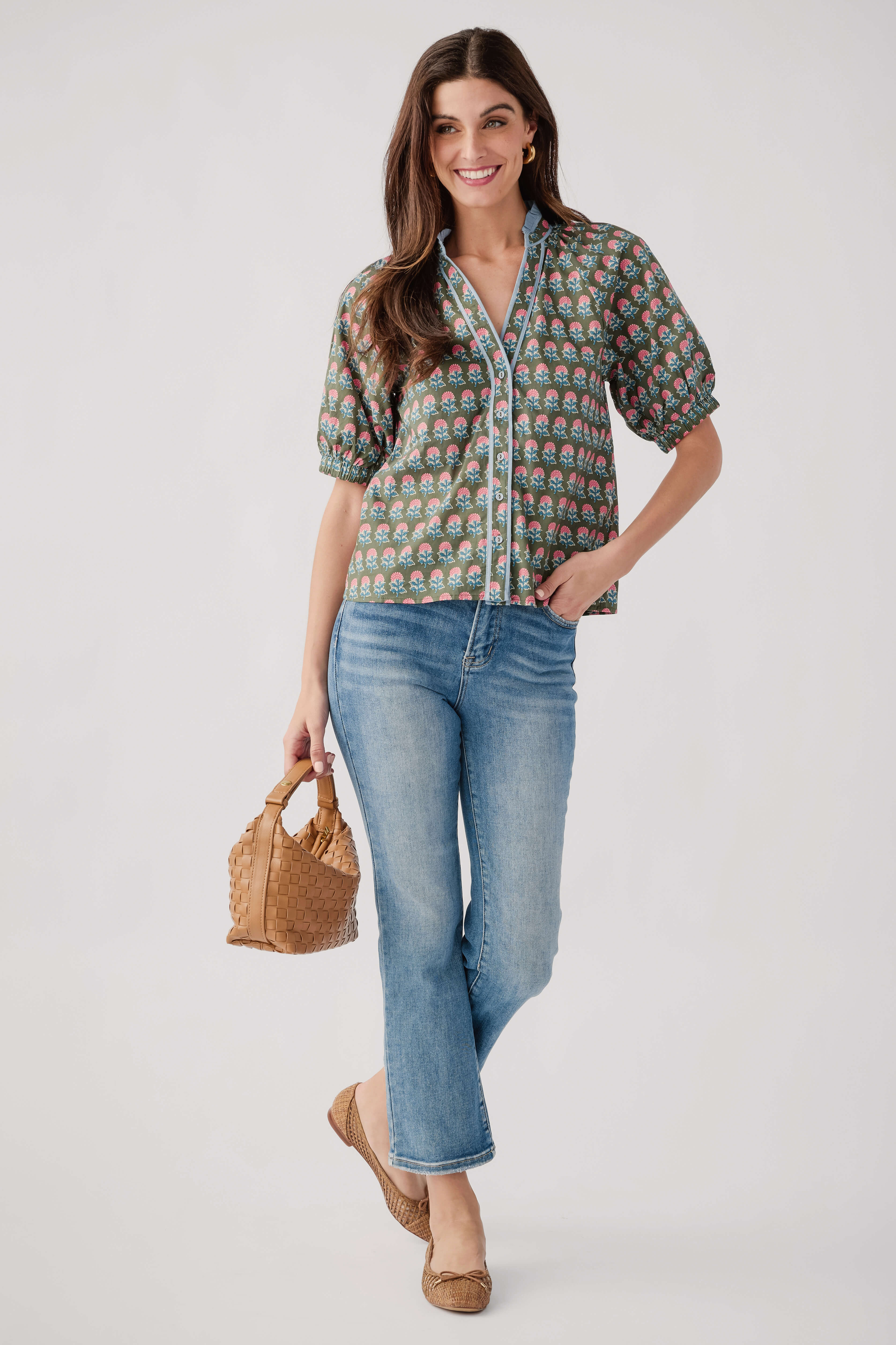 Green block-print V-neck top with button placket, peasant sleeves