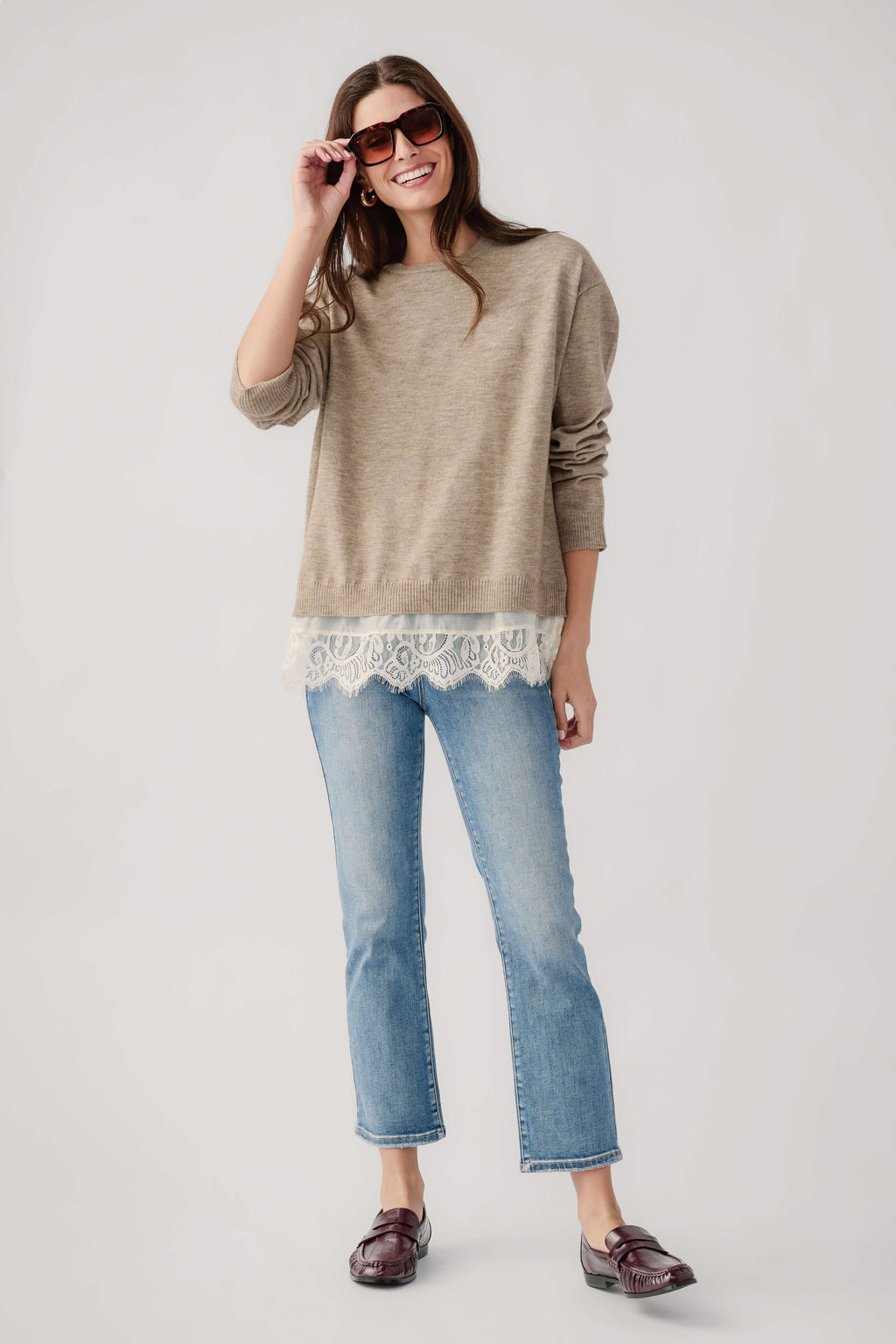 Heather mocha cream twofer sweater with lace-trim hem, crew neck, long sleeves