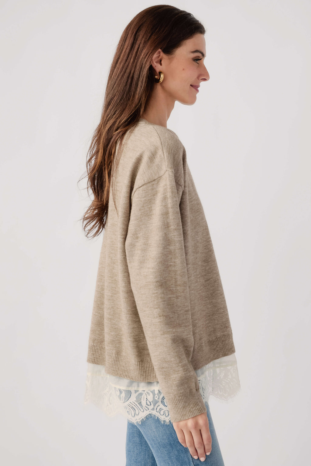 Heather mocha cream twofer sweater, crew neck, long sleeve with lace cuff detail