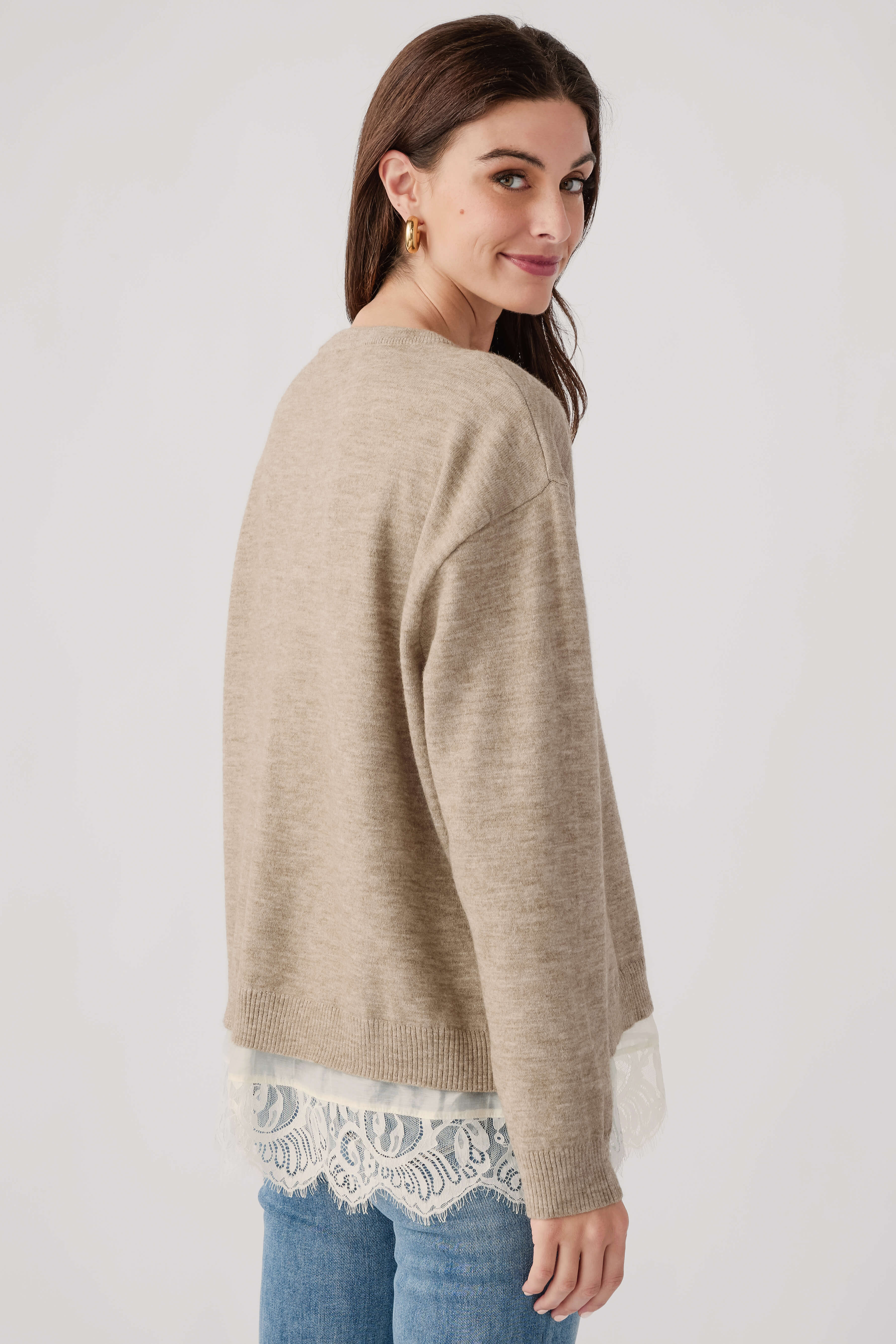 Heather mocha cream twofer sweater side view with lace sleeve cuff and ribbed hem