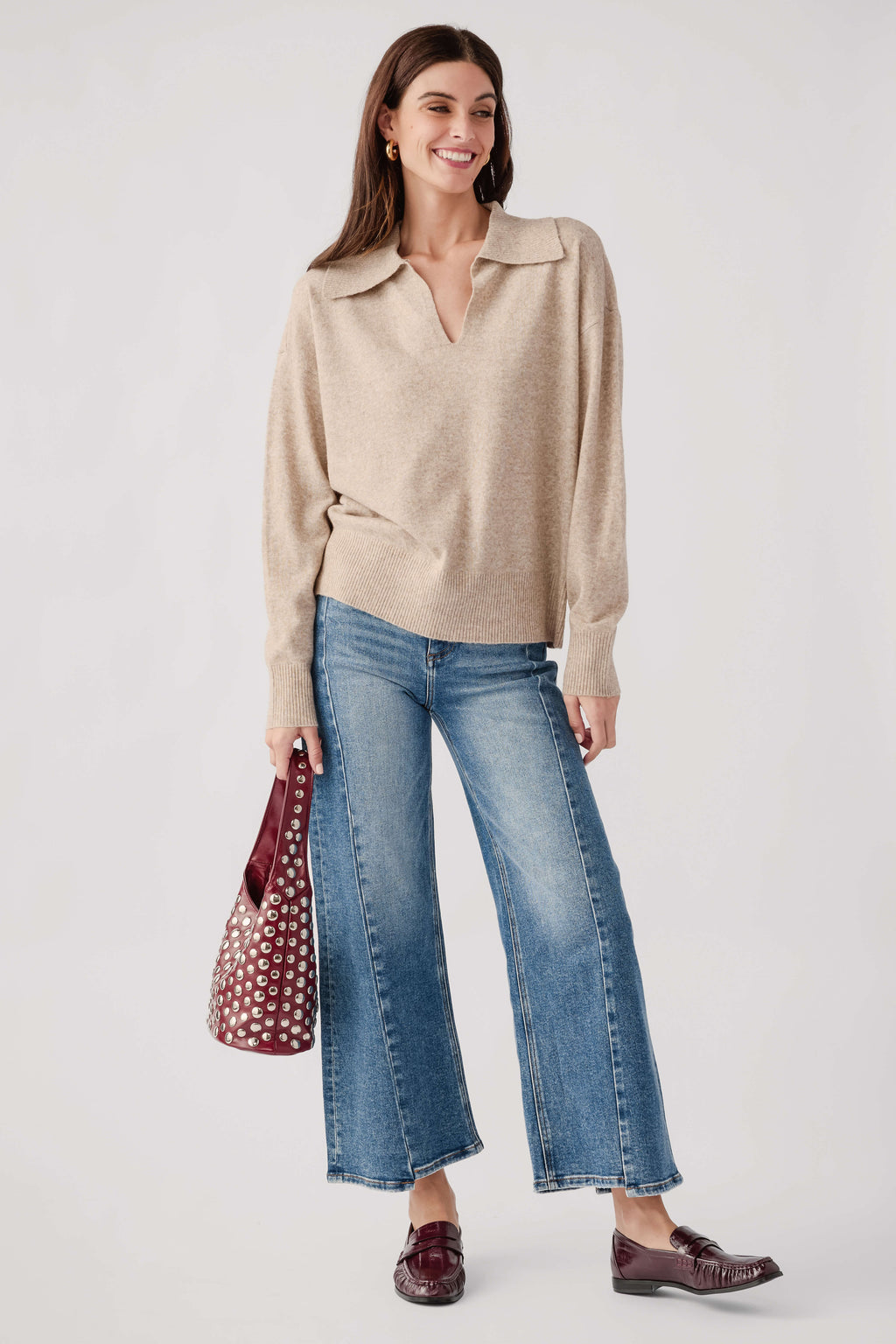 Light mocha polo knit sweater with ribbed cuffs and hem