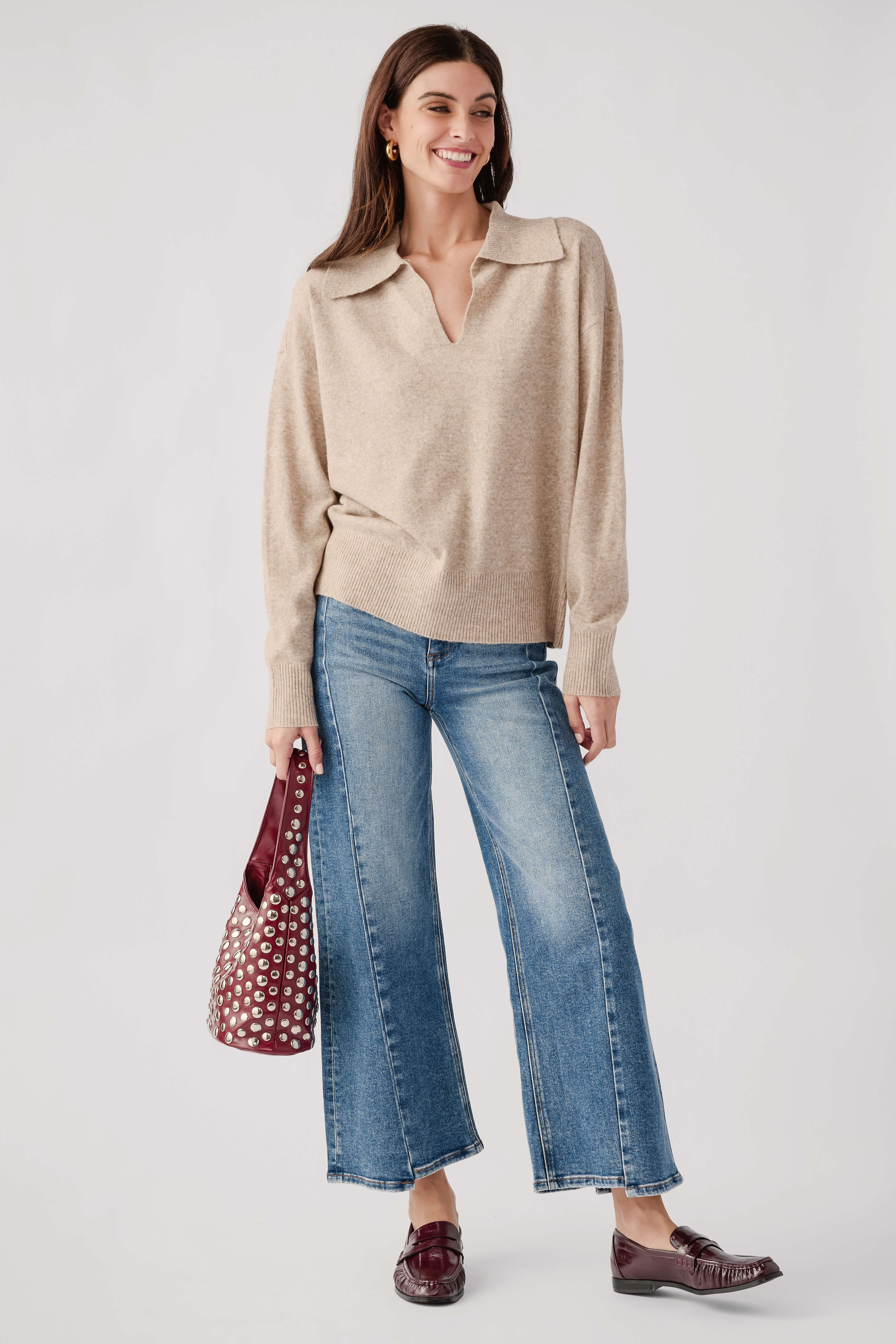 Light mocha polo knit sweater with ribbed cuffs and hem