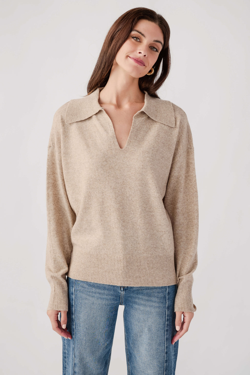 Light mocha polo knit sweater with collar and short placket