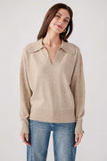 Light mocha polo knit sweater with collar and short placket