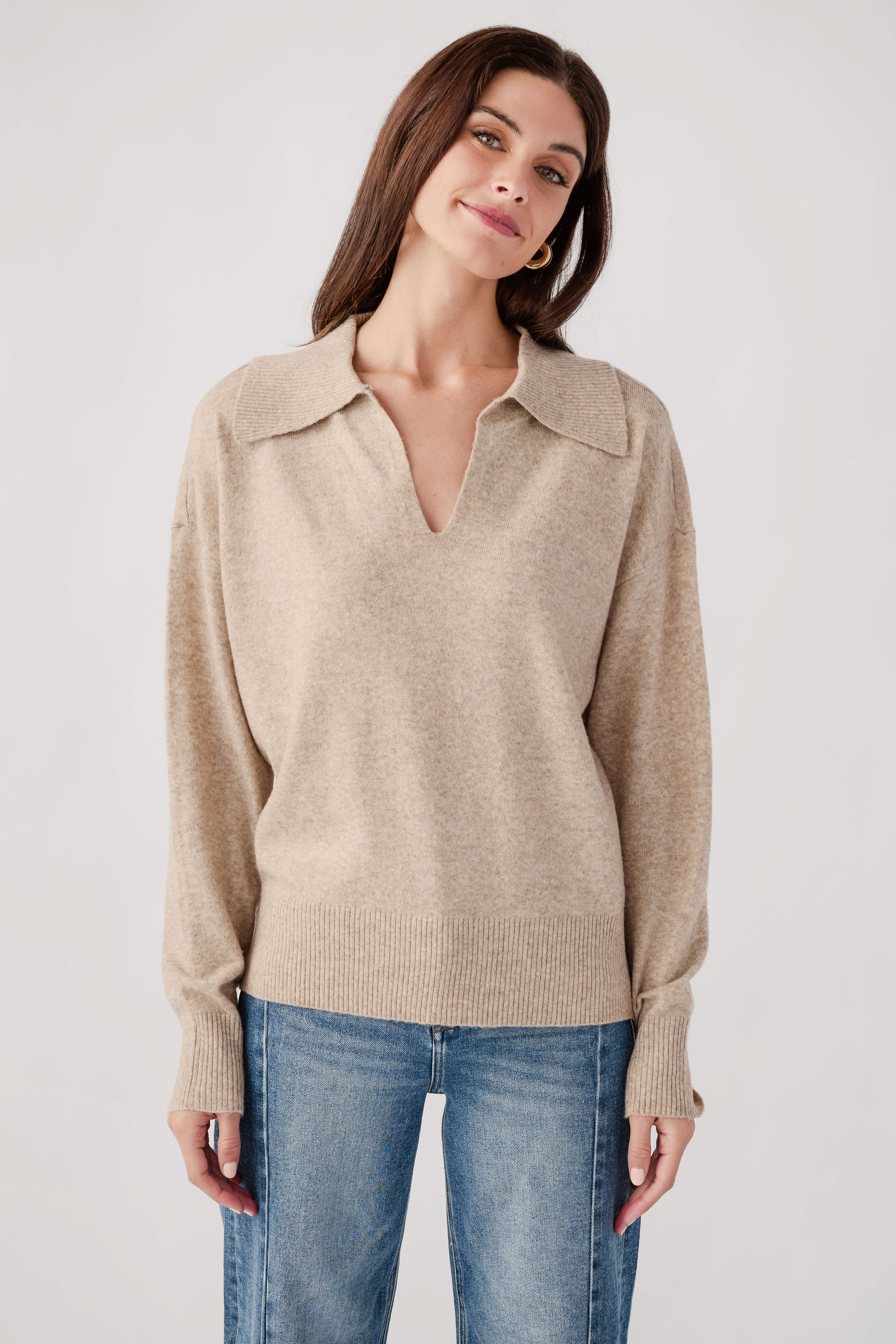 Light mocha polo knit sweater with collar and short placket