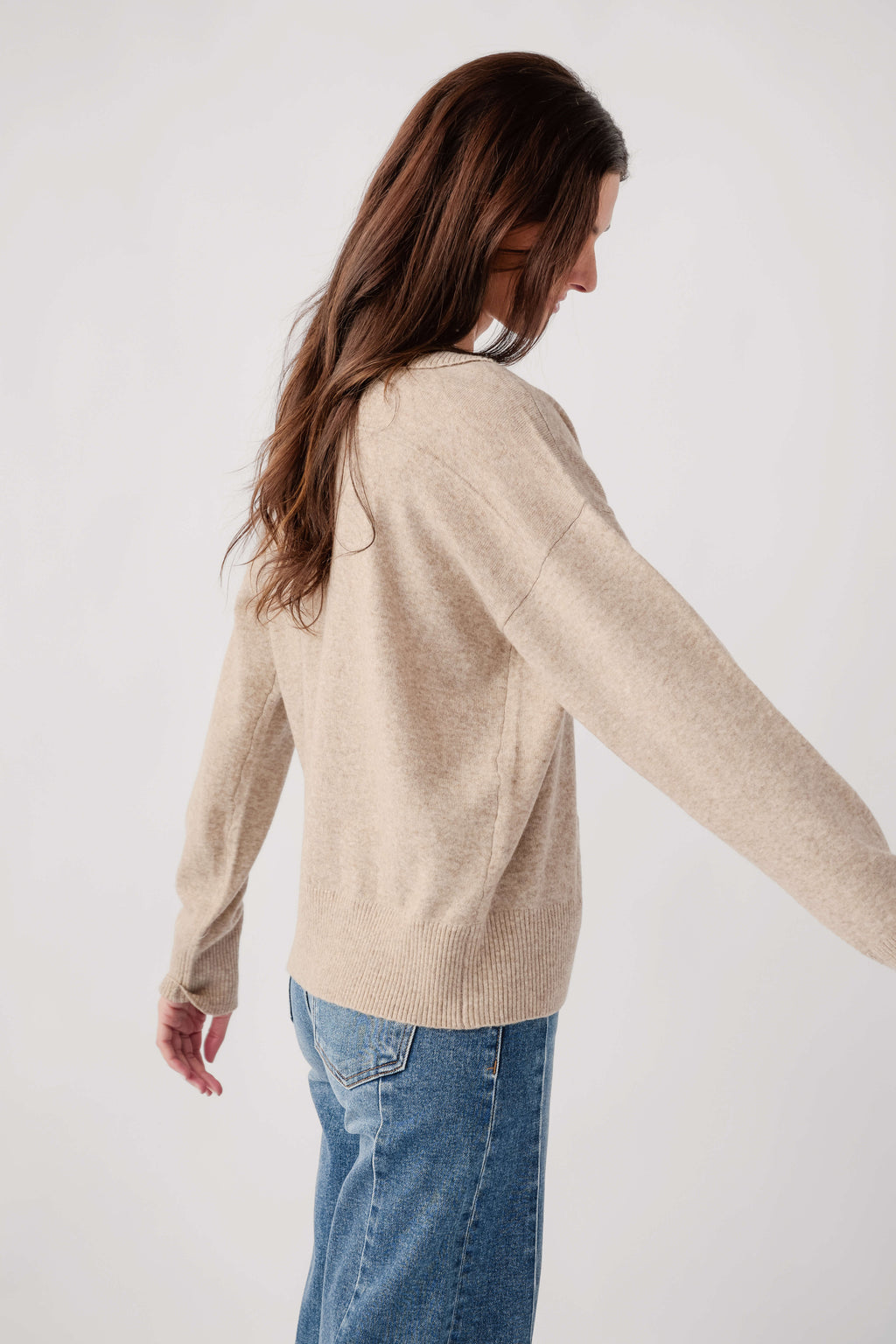 Light mocha polo knit sweater with collar, side view