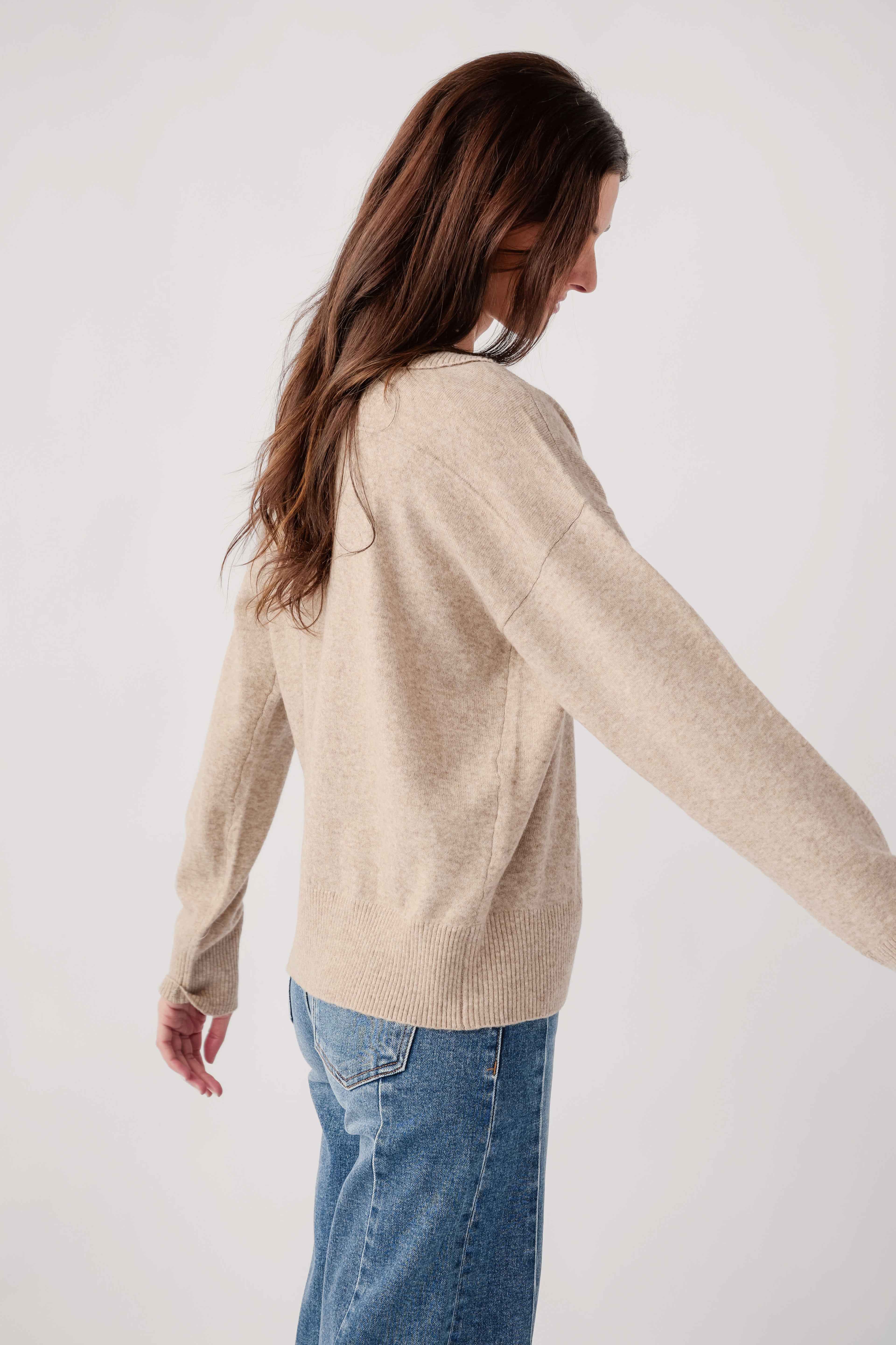 Light mocha polo knit sweater with collar, side view