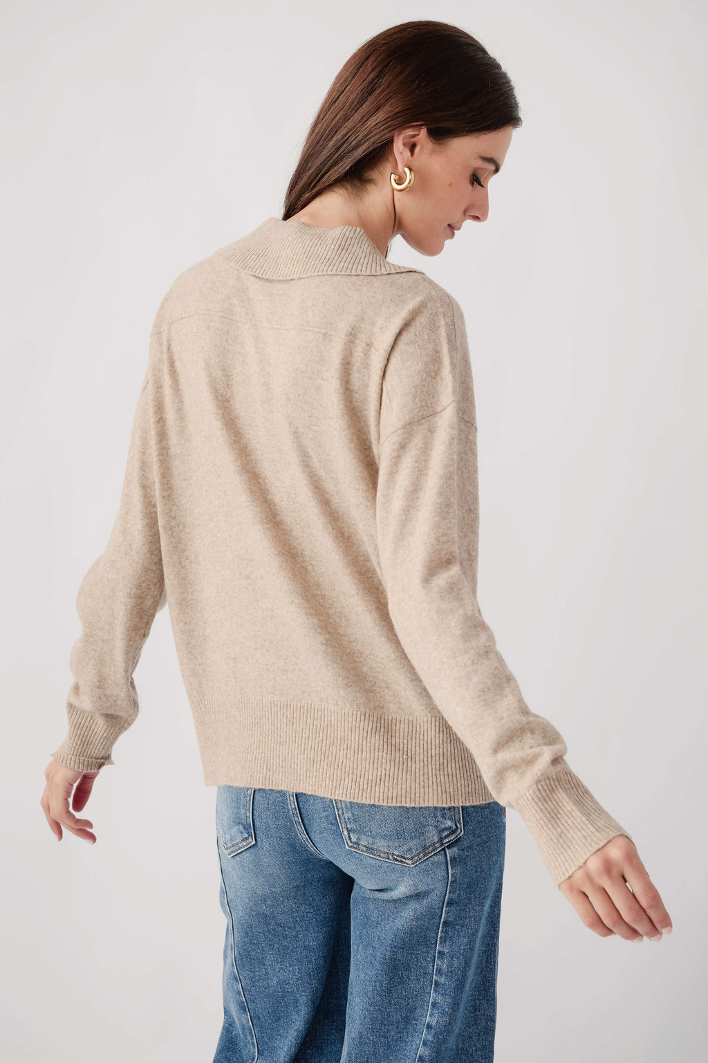 Light mocha polo knit sweater, back view with ribbed collar and cuffs