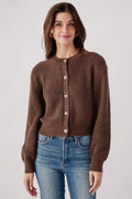 Coffee brown knit cardigan with snap-button front, long sleeves, ribbed crew neck