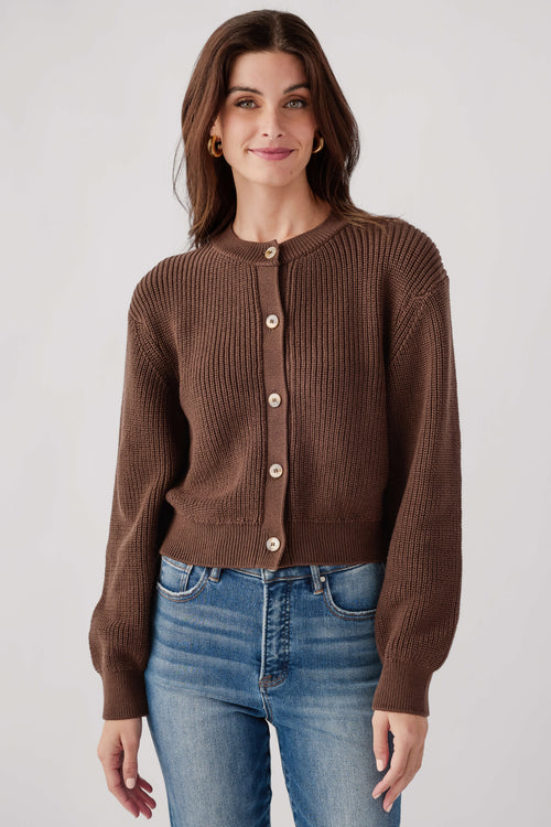 Coffee brown knit cardigan with snap-button front, long sleeves, ribbed crew neck