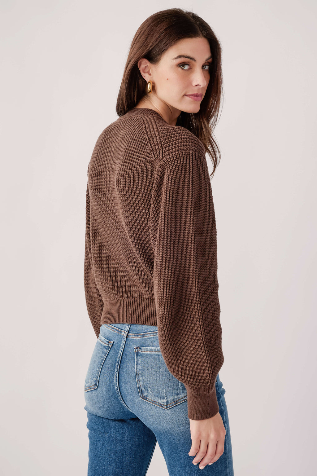 Coffee brown ribbed knit cardigan with long sleeves and buttoned front