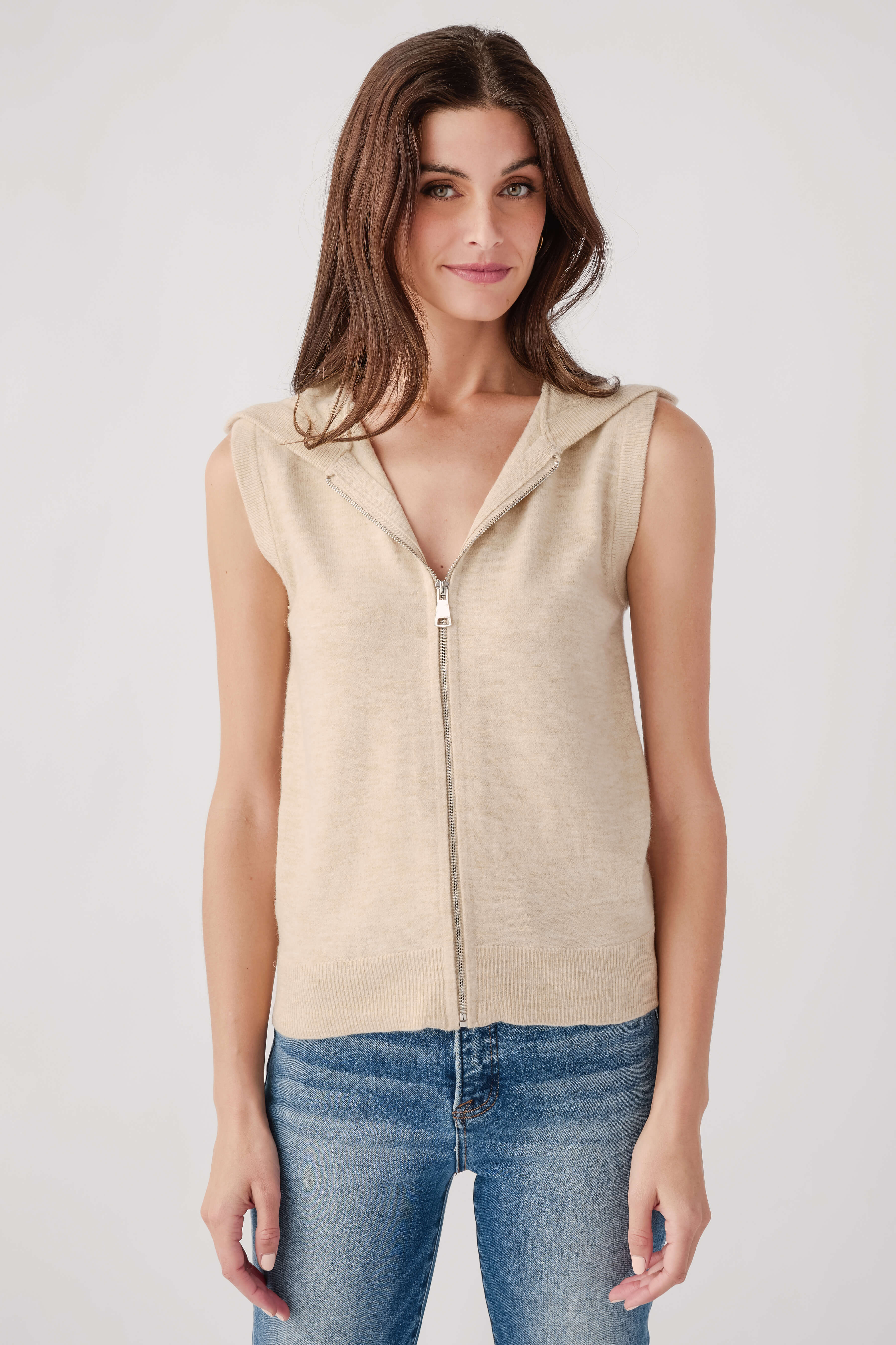 Oatmeal hooded sleeveless zip-up vest with front zipper and drawstring hood