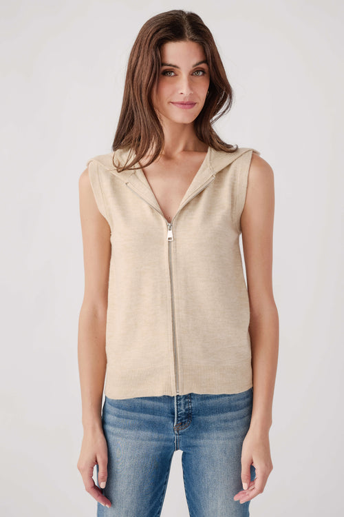Oatmeal hooded sleeveless zip-up vest with front zipper and drawstring hood