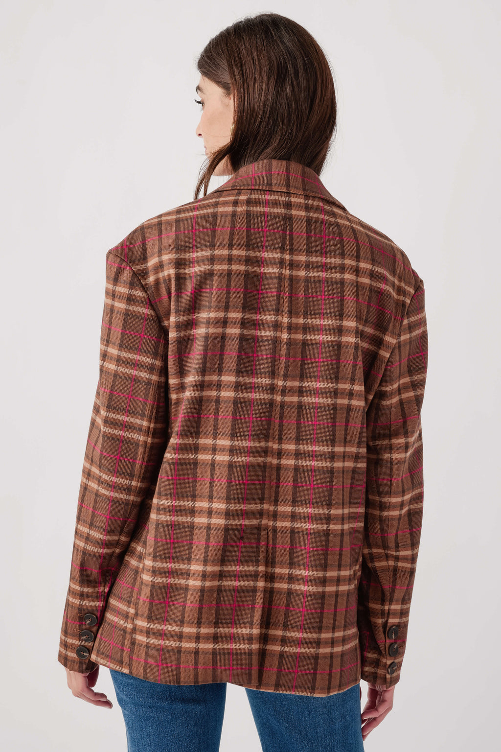 Brown and red plaid double-breasted blazer with back yoke and long sleeves