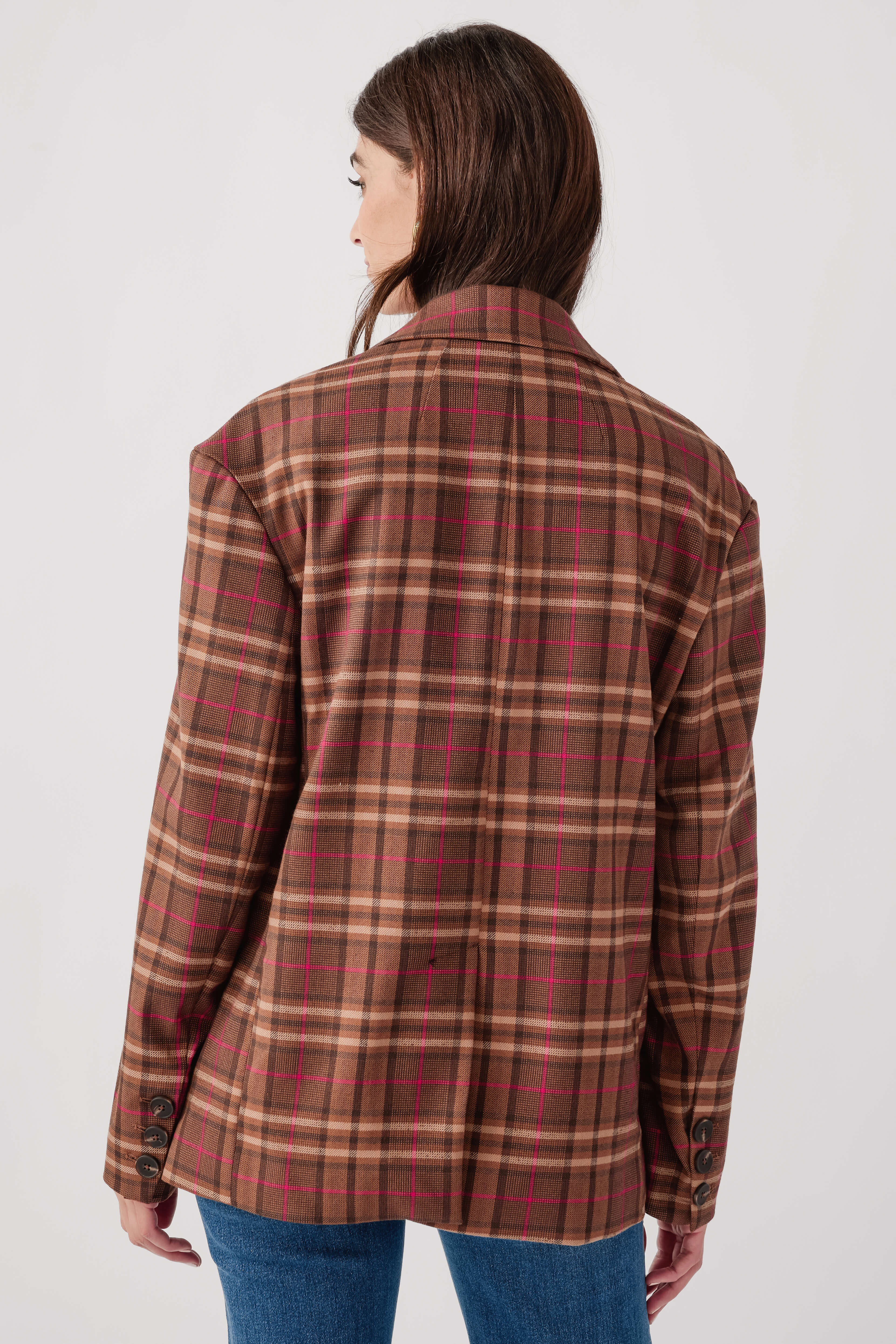 Brown and red plaid double-breasted blazer with back yoke and long sleeves