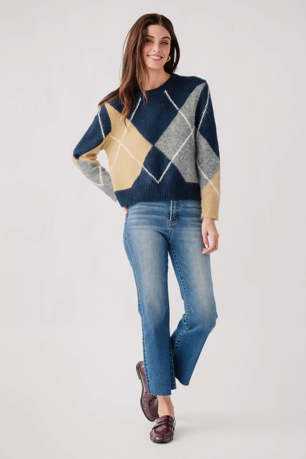 Argyle knit sweater in navy, grey, and beige with diamond pattern and crew neck