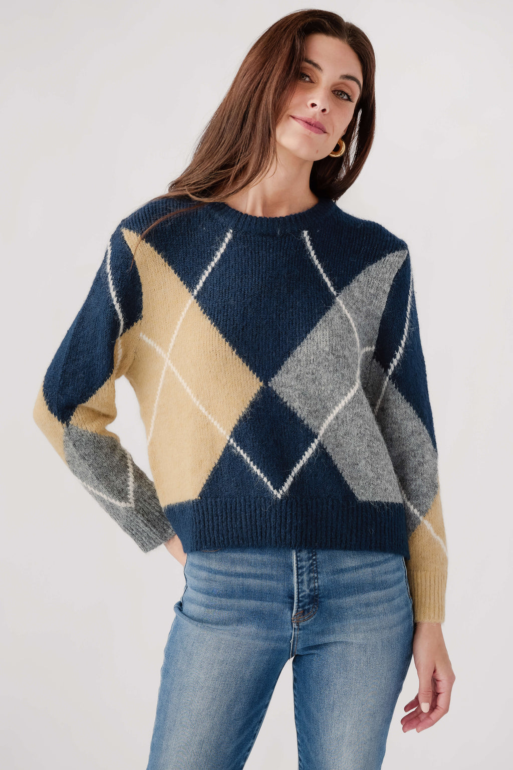 Argyle knit sweater with diamond pattern, crew neck, navy and grey with beige accents