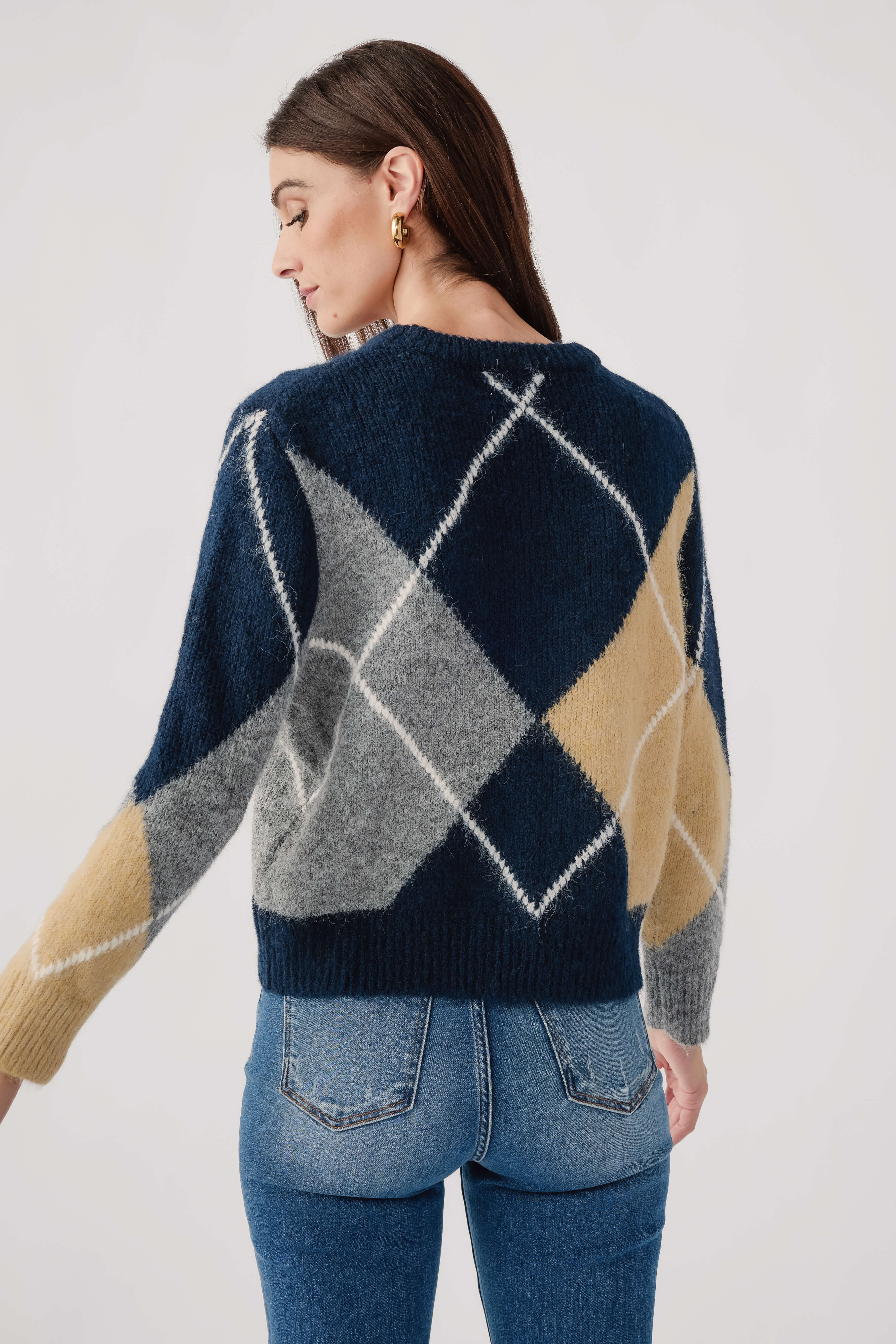 Back view argyle knit sweater with diamond pattern, crew neck, navy, grey, beige