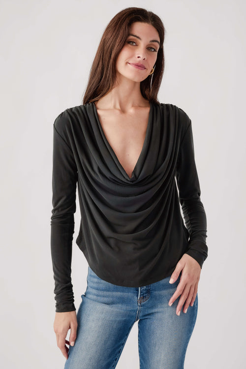 Black long-sleeve cowl-neck draped top with deep V neckline