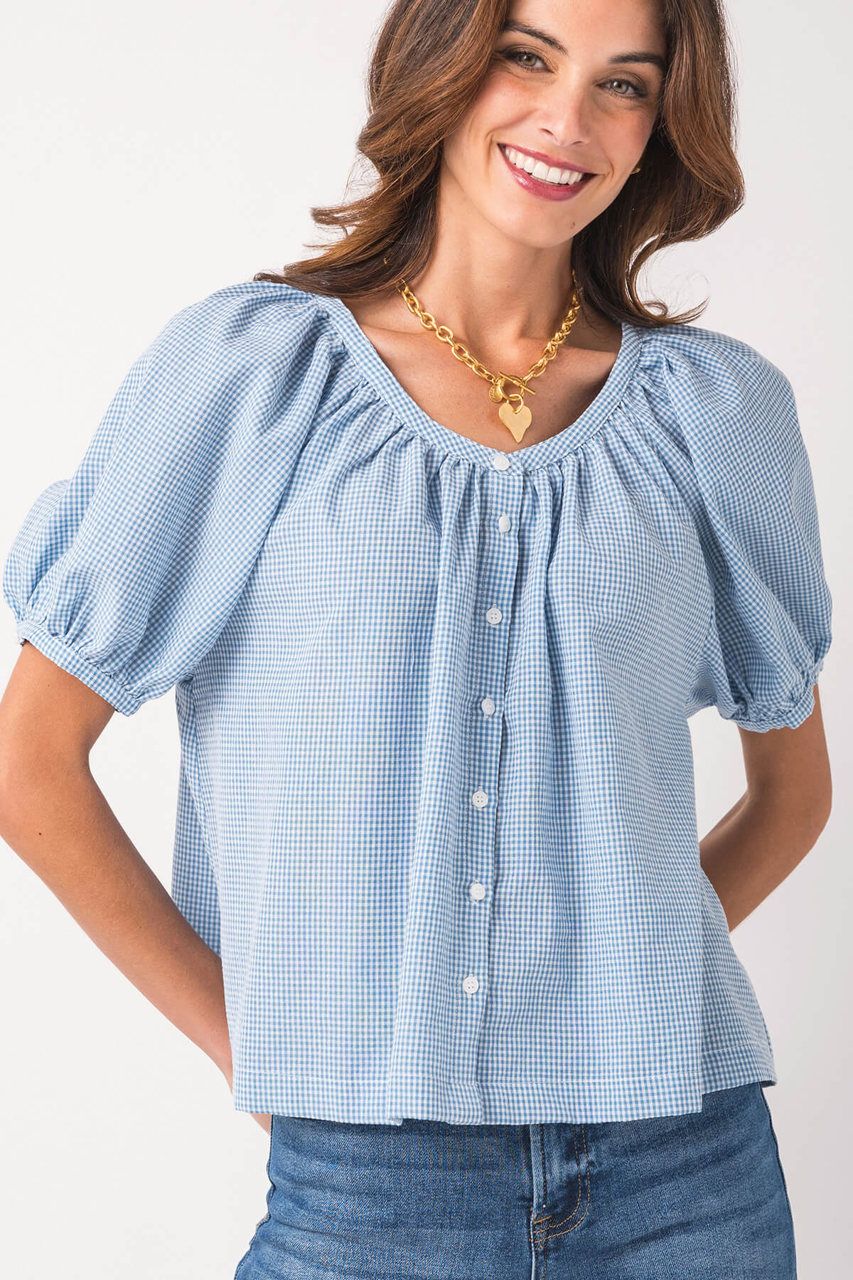 Allegra K Women's Plaid Blouse Puff Short Sleeve Contrast