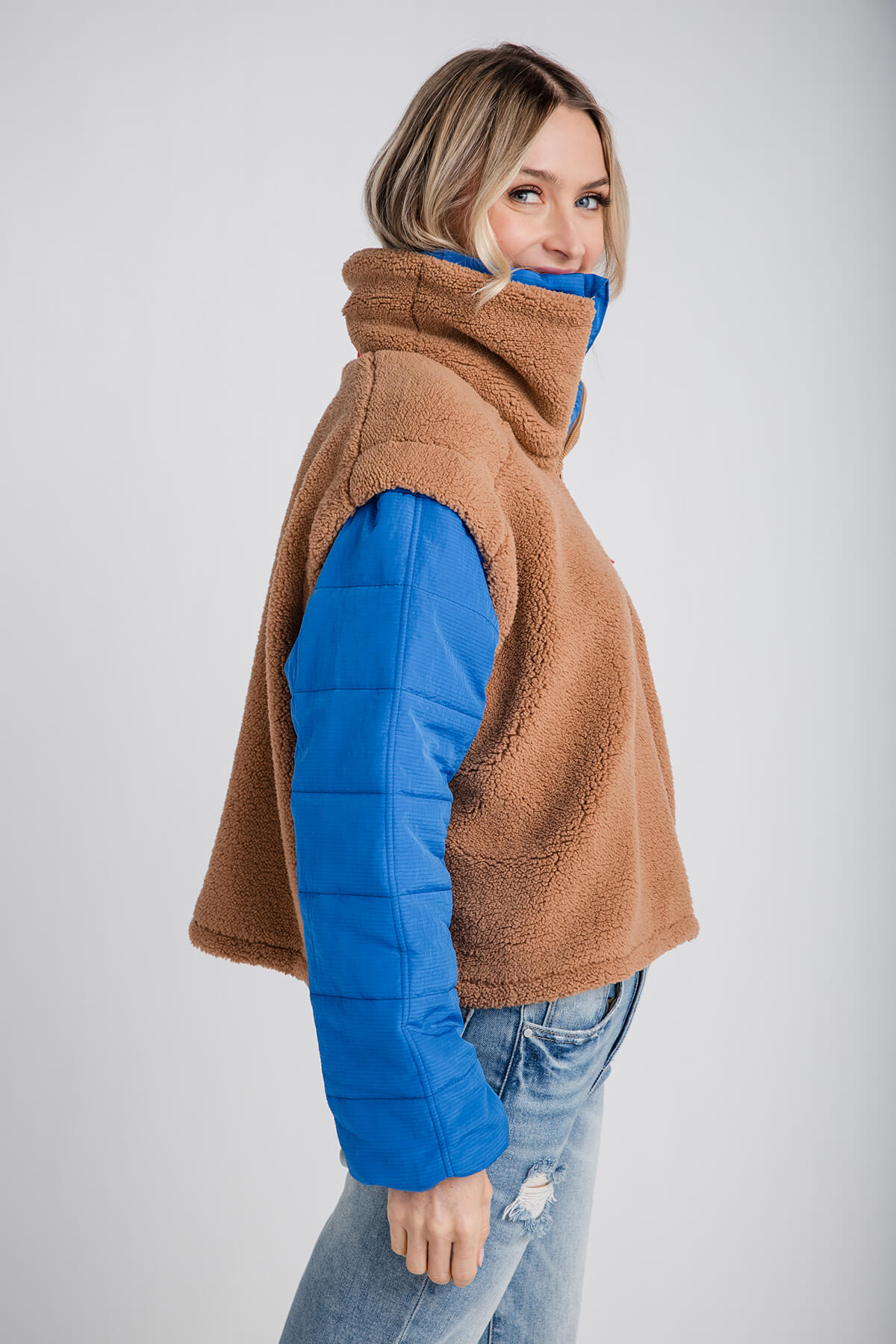 Veveret Soft Fleece Quilted Puffer Sleeve Pullover