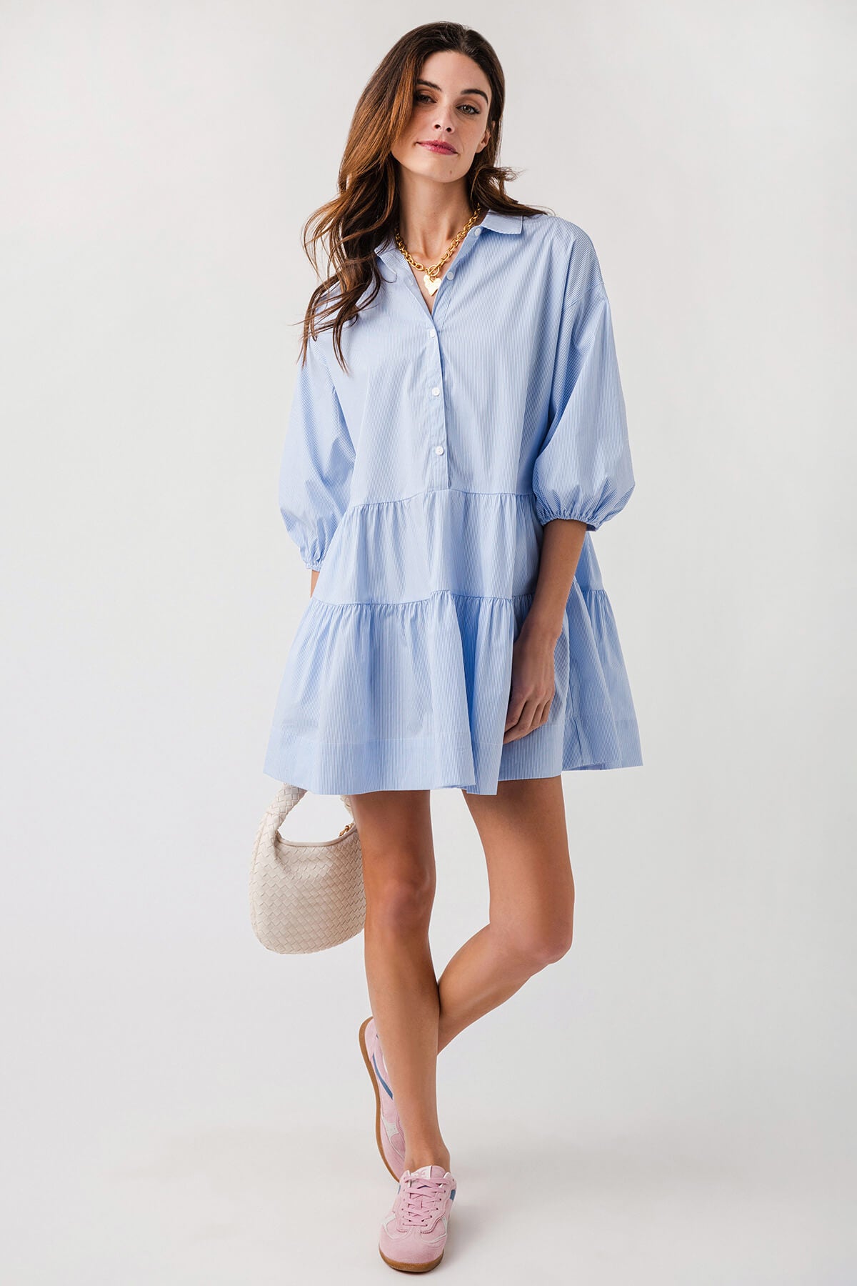 Elan 3/4 Sleeve Collared Tiered Dress Blue Stripe / Extra Large Elan 3/4 Sleeve Collared Tiered Dress Blue Stripe / Extra Large