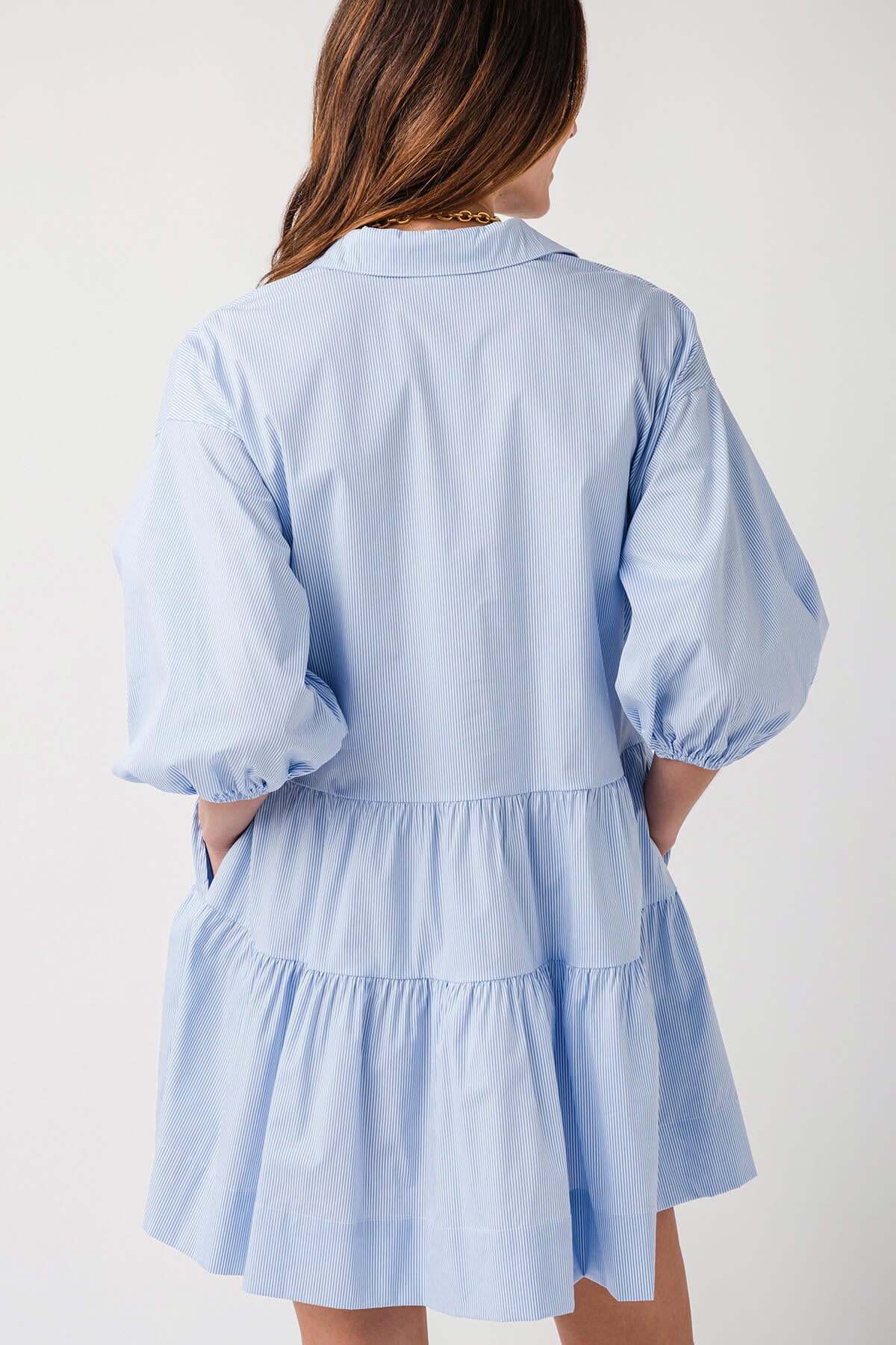 Elan 3/4 Sleeve Collared Tiered Dress Blue Stripe / Extra Large Elan 3/4 Sleeve Collared Tiered Dress Blue Stripe / Extra Large
