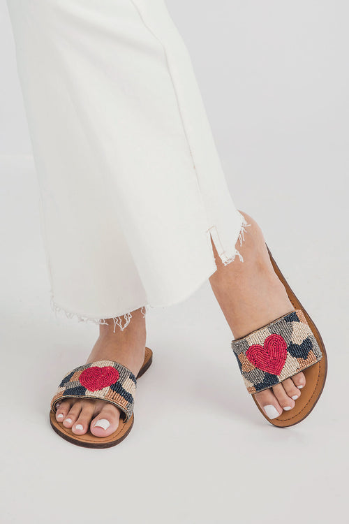America and Beyond Camo/Heart Beaded Slide Sandals