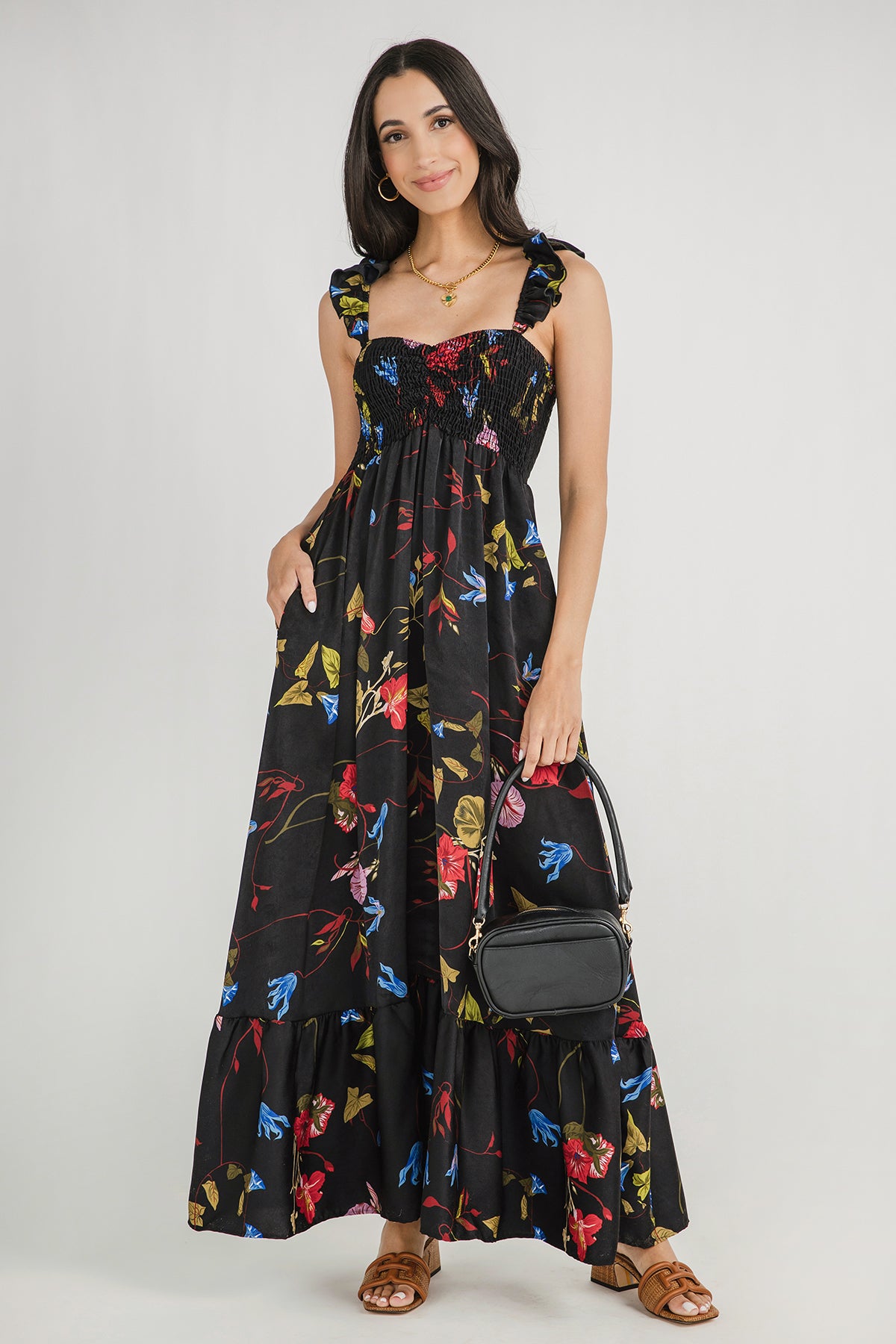 Bucketlist Smocked Bust Ruffle Sleeve Floral Maxi Dress