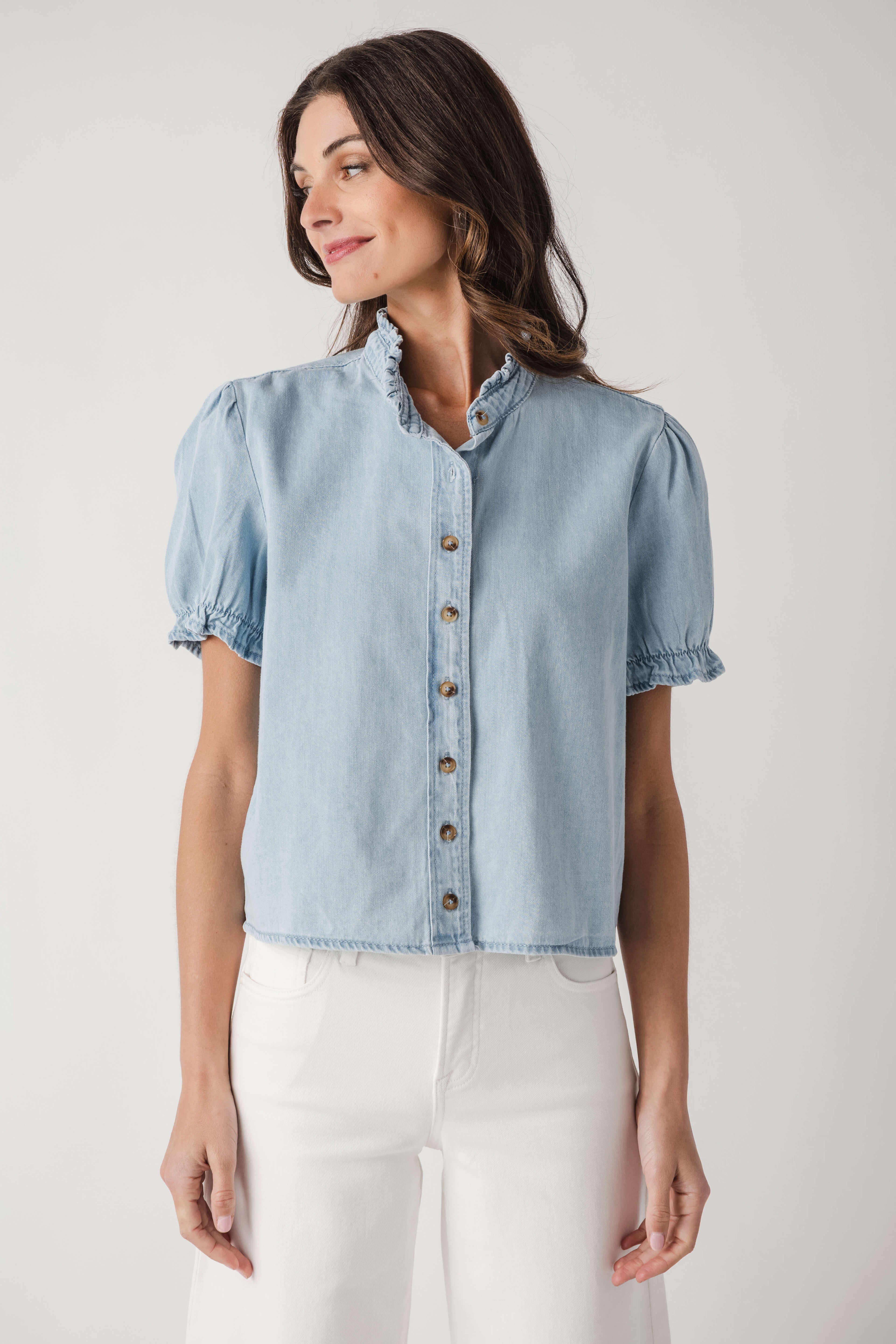 Wishlist Ruffle Collar Chambray Top
