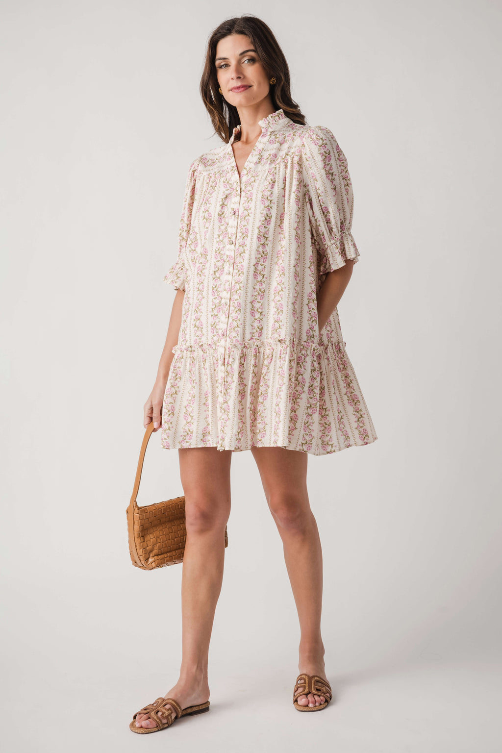 Fate Floral Print High Ruffled Collar Button Down Dress