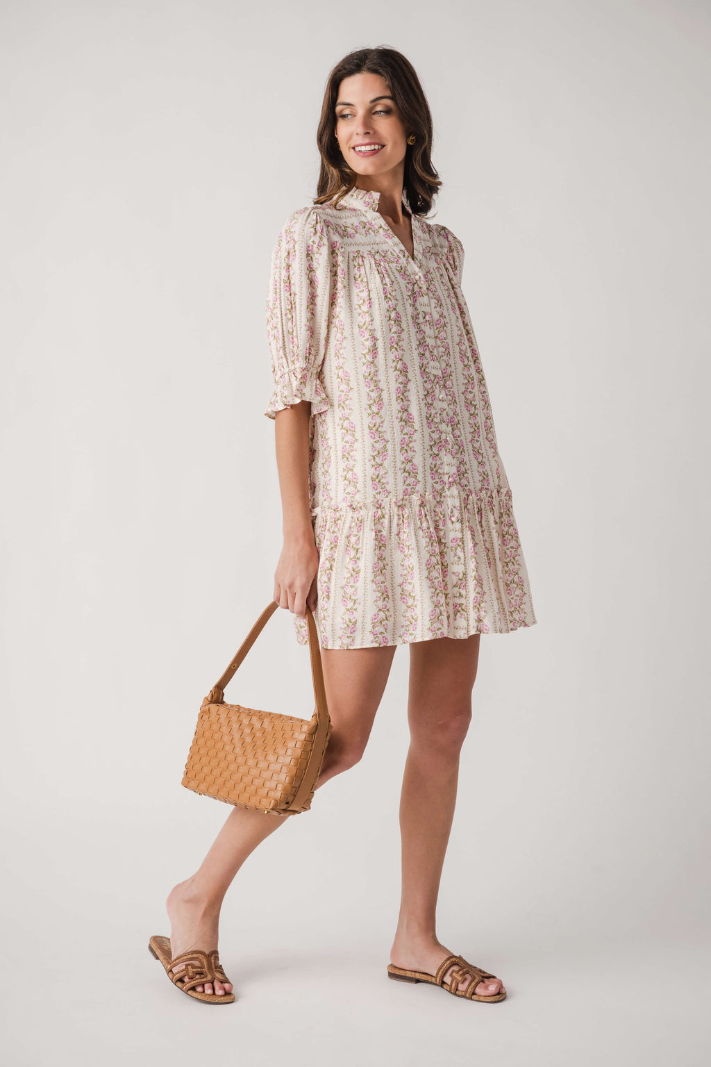 Fate Floral Print High Ruffled Collar Button Down Dress