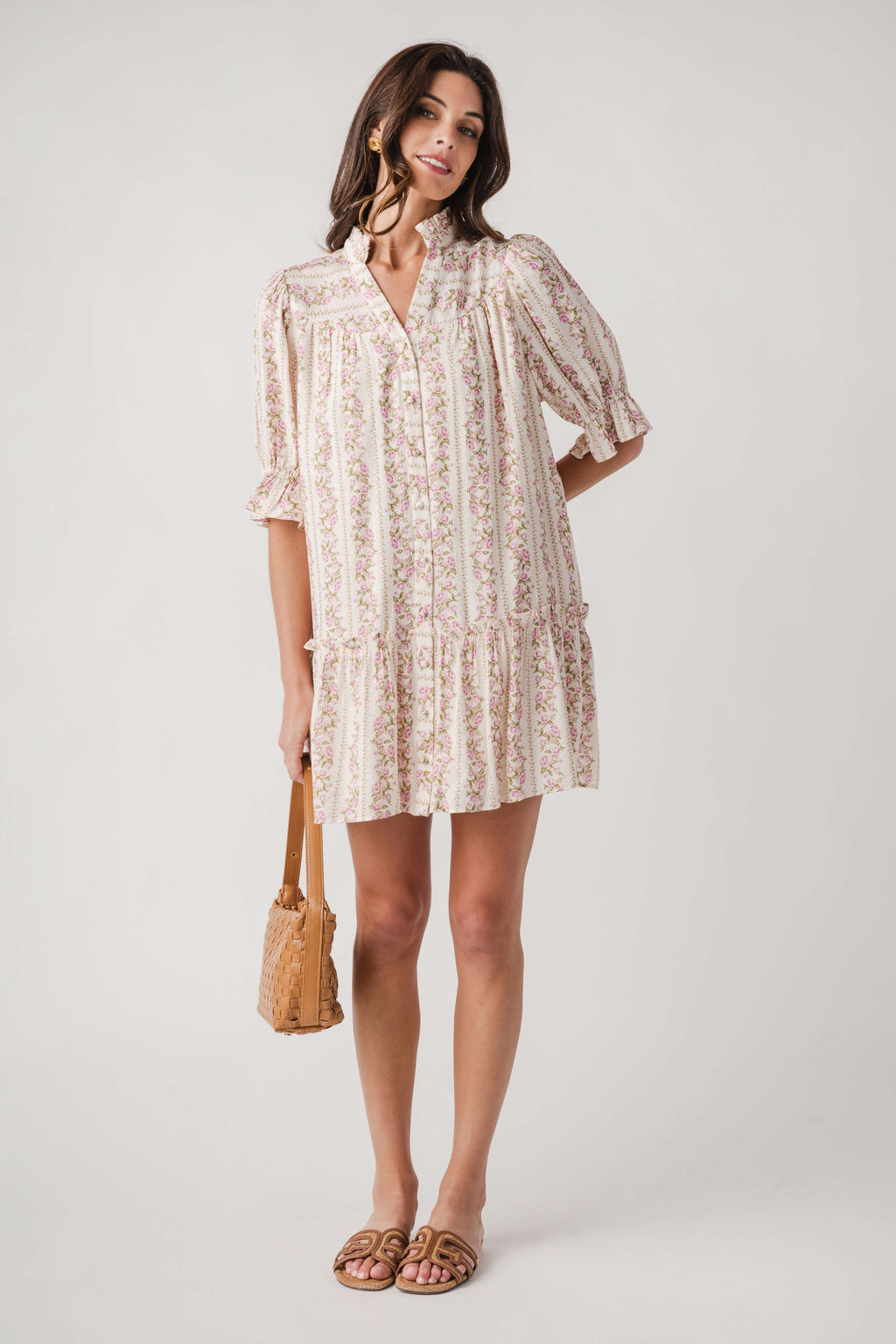 Fate Floral Print High Ruffled Collar Button Down Dress