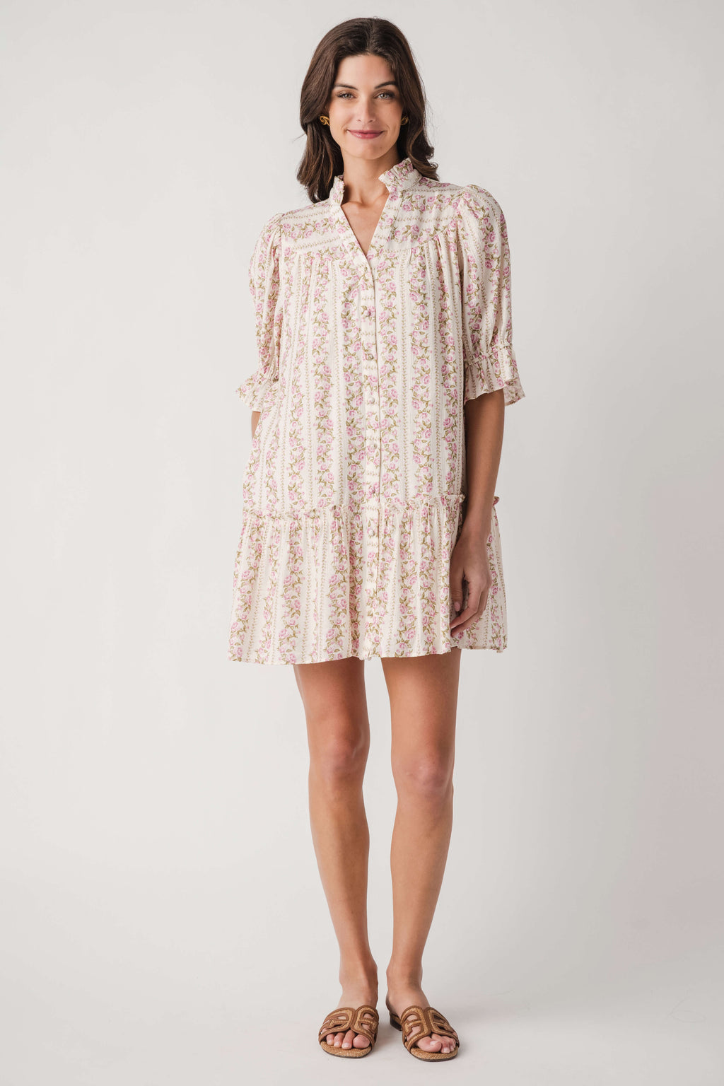 Fate Floral Print High Ruffled Collar Button Down Dress